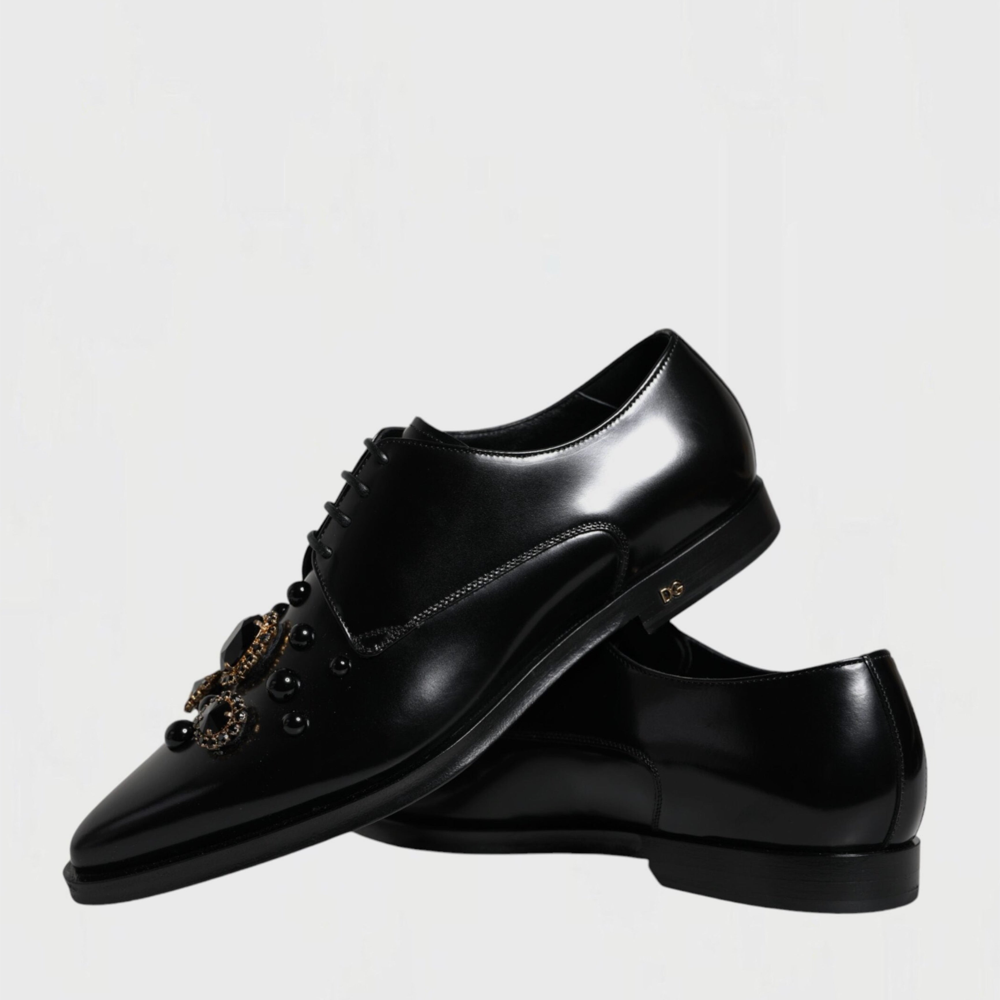 Мъжки луксозни официални дерби обувки с кристали DOLCE & GABBANA Women’s Black Leather Crystal Formal Derby Shoes