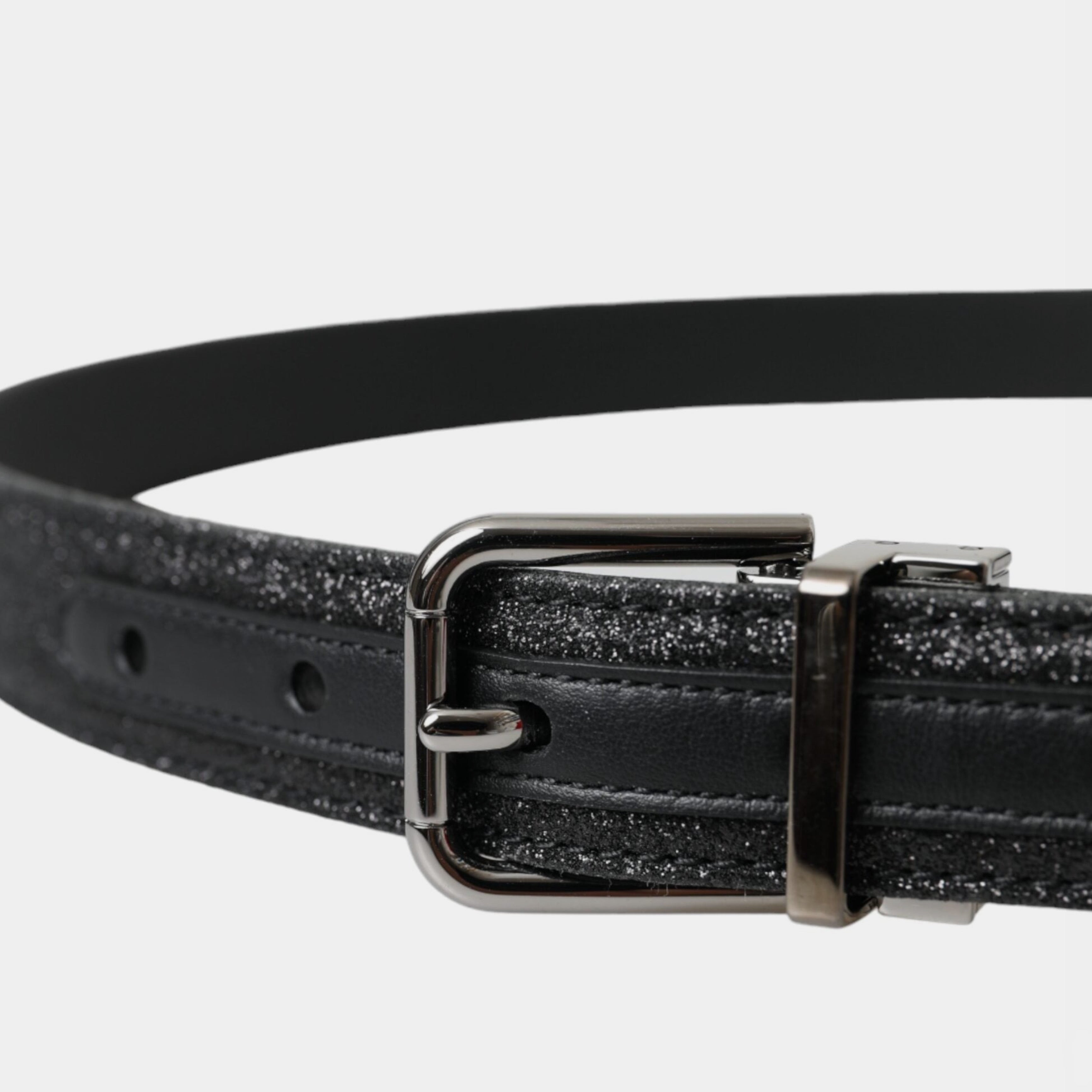 Дамски колан от естествена кожа Dolce & Gabbana Black Glittered Leather Silver Buckle Belt в черно