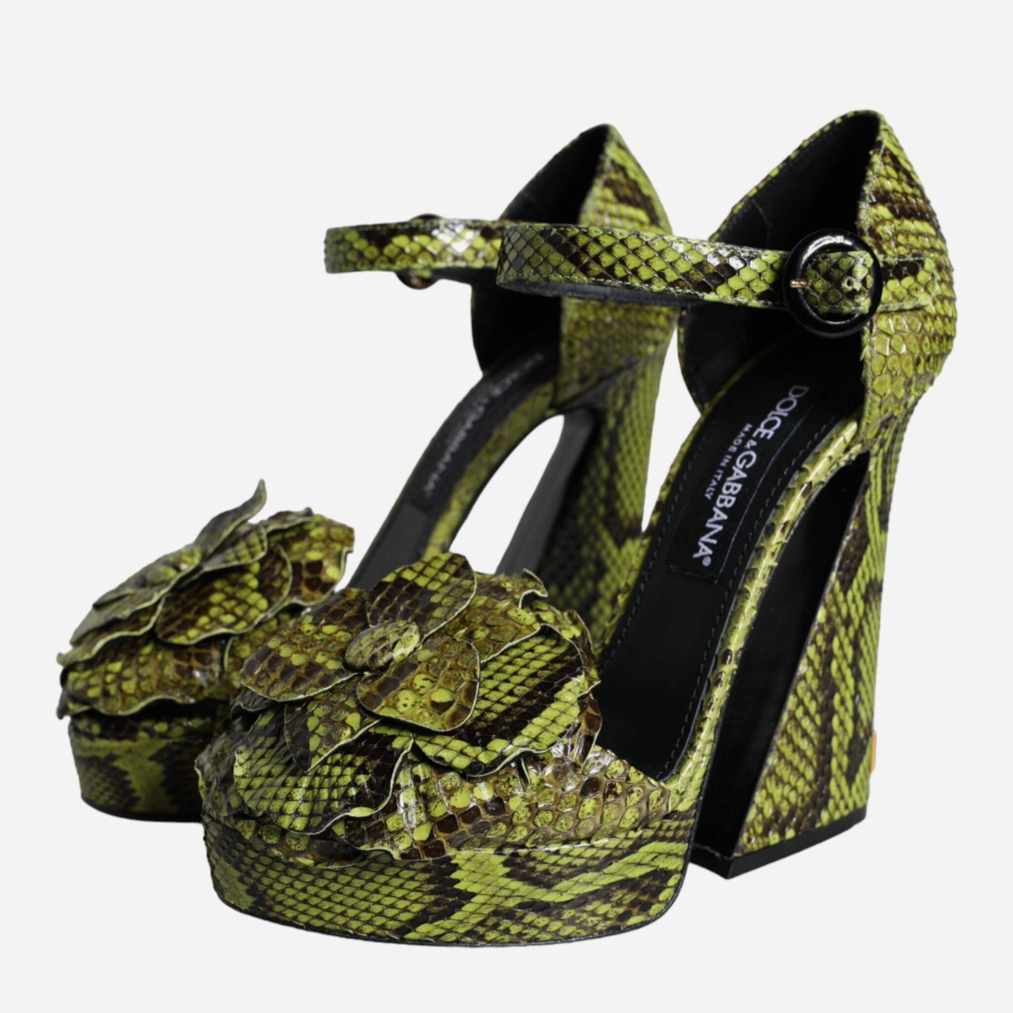 Дамски луксозни зелени сандали от питон DOLCE & GABBANA Women’s Green Python Leather Heels Sandals