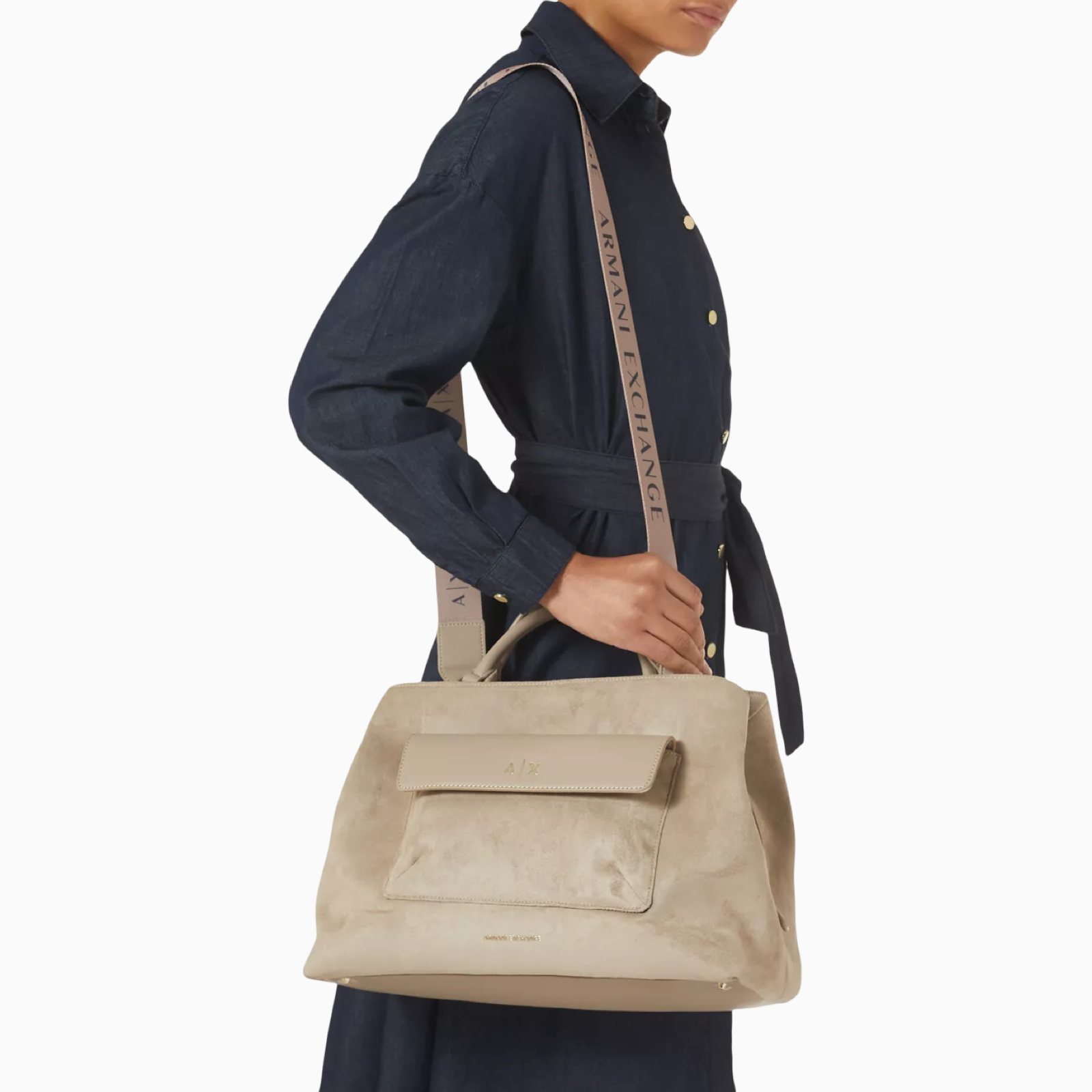 Дамска бежова велурена чанта Armani Exchange Women Handbag XW001545 AF22630 U6223 Model View