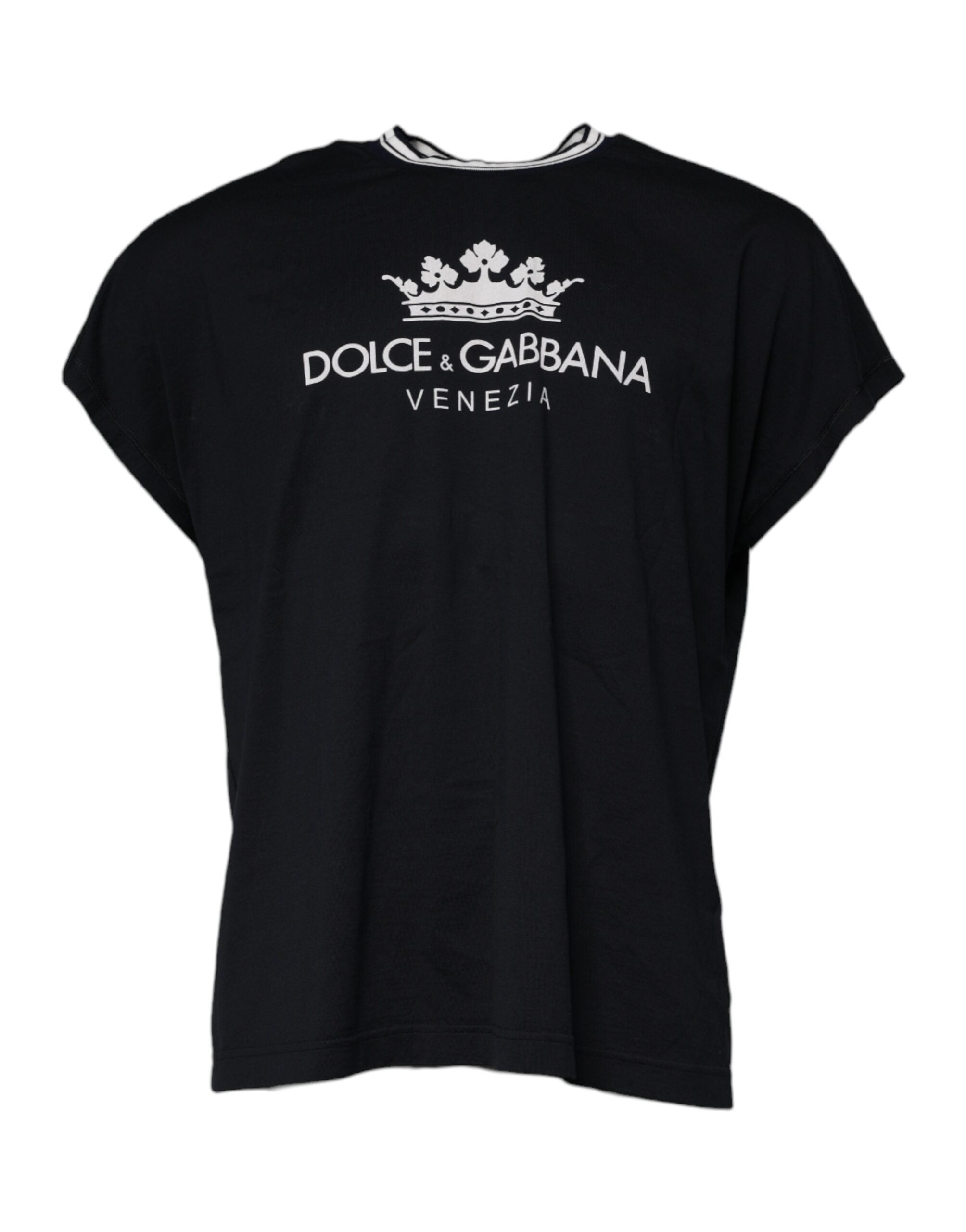Dolce &amp; Gabbana Тъмно синя памучна тениска с кръгло деколте с лого Crown
