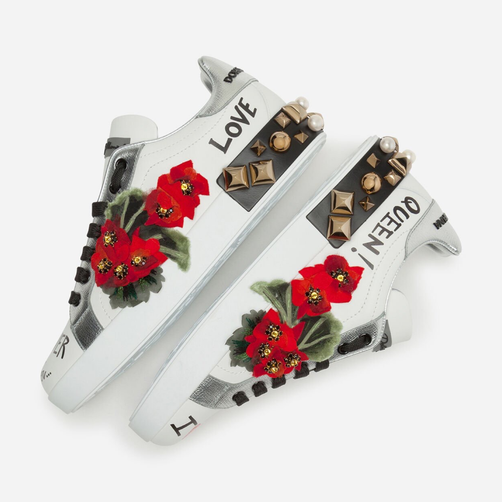 Dolce & Gabbana Portofino Floral Studded Women Sneakers Medial View