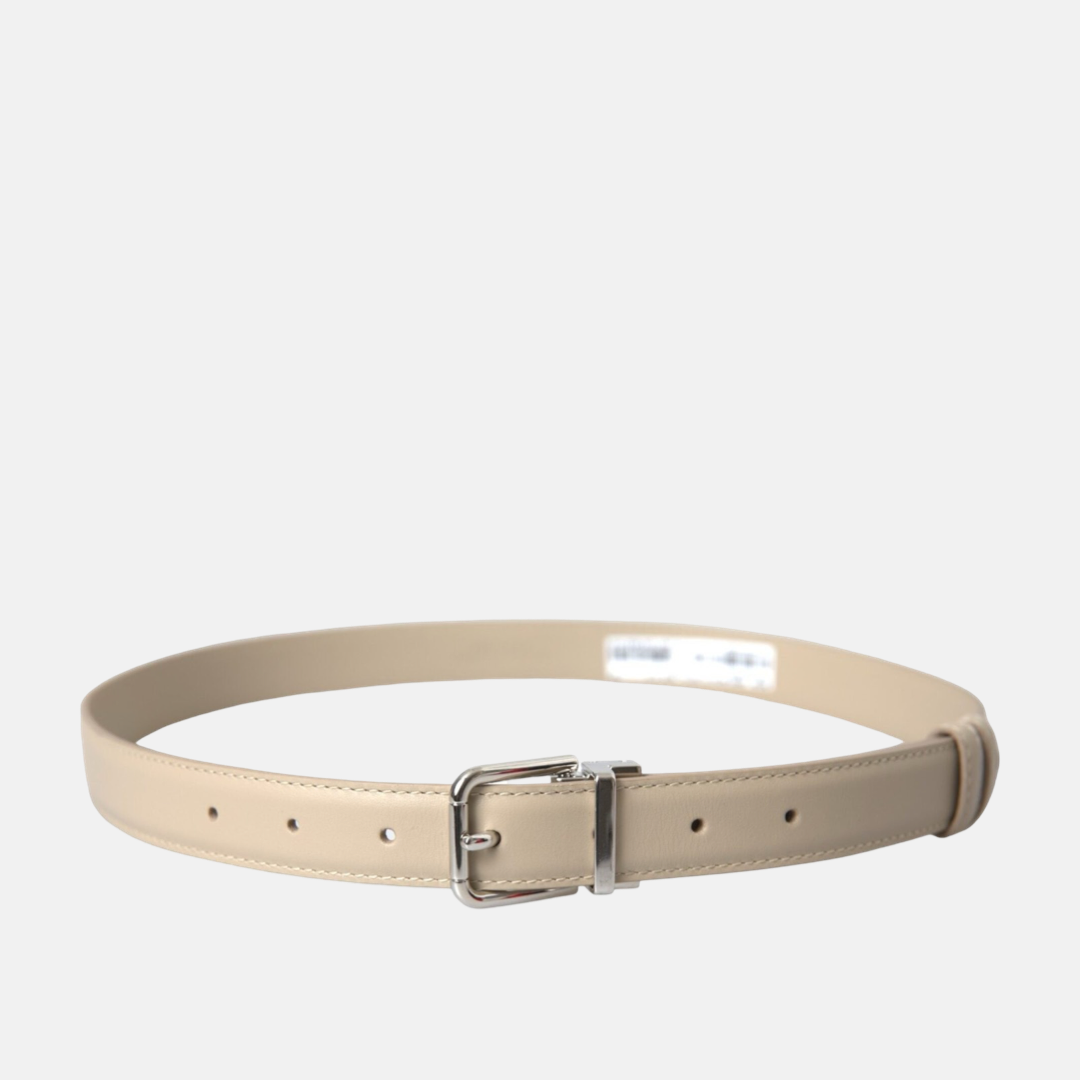 Дамски бежов колан Dolce & Gabbana 
Beige Calfskin Leather Silver Metal Buckle Belt