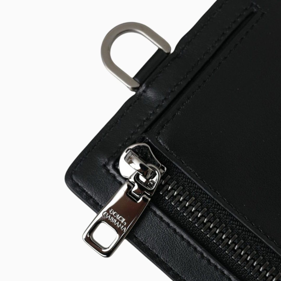 Мъжки кардхолдър Dolce & Gabbana Black Calf Leather Lanyard Logo Card Holder Men Wallet