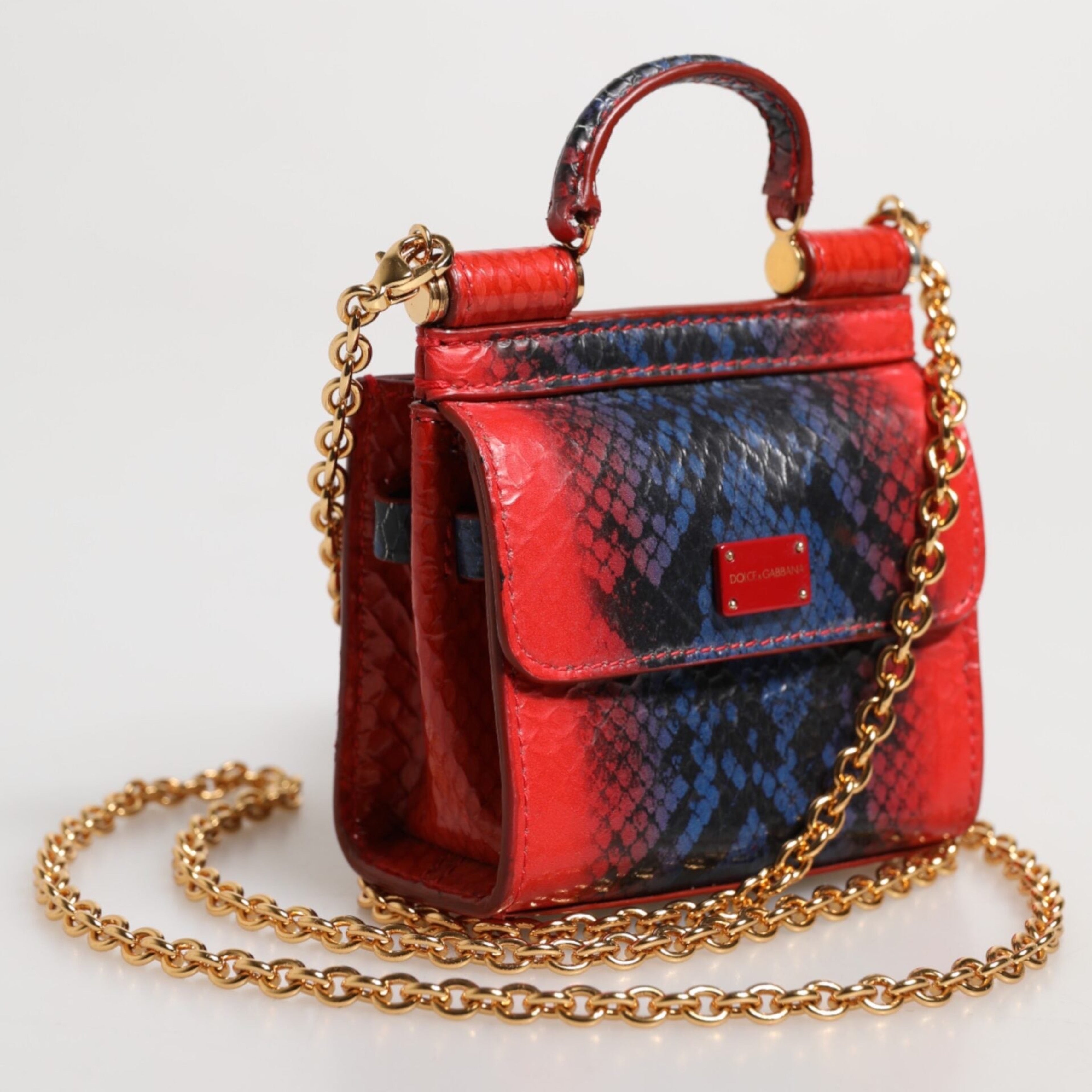 Dolce & Gabbana Red Blue Leather Sicily Crossbody Chain Satchel Borse Bag