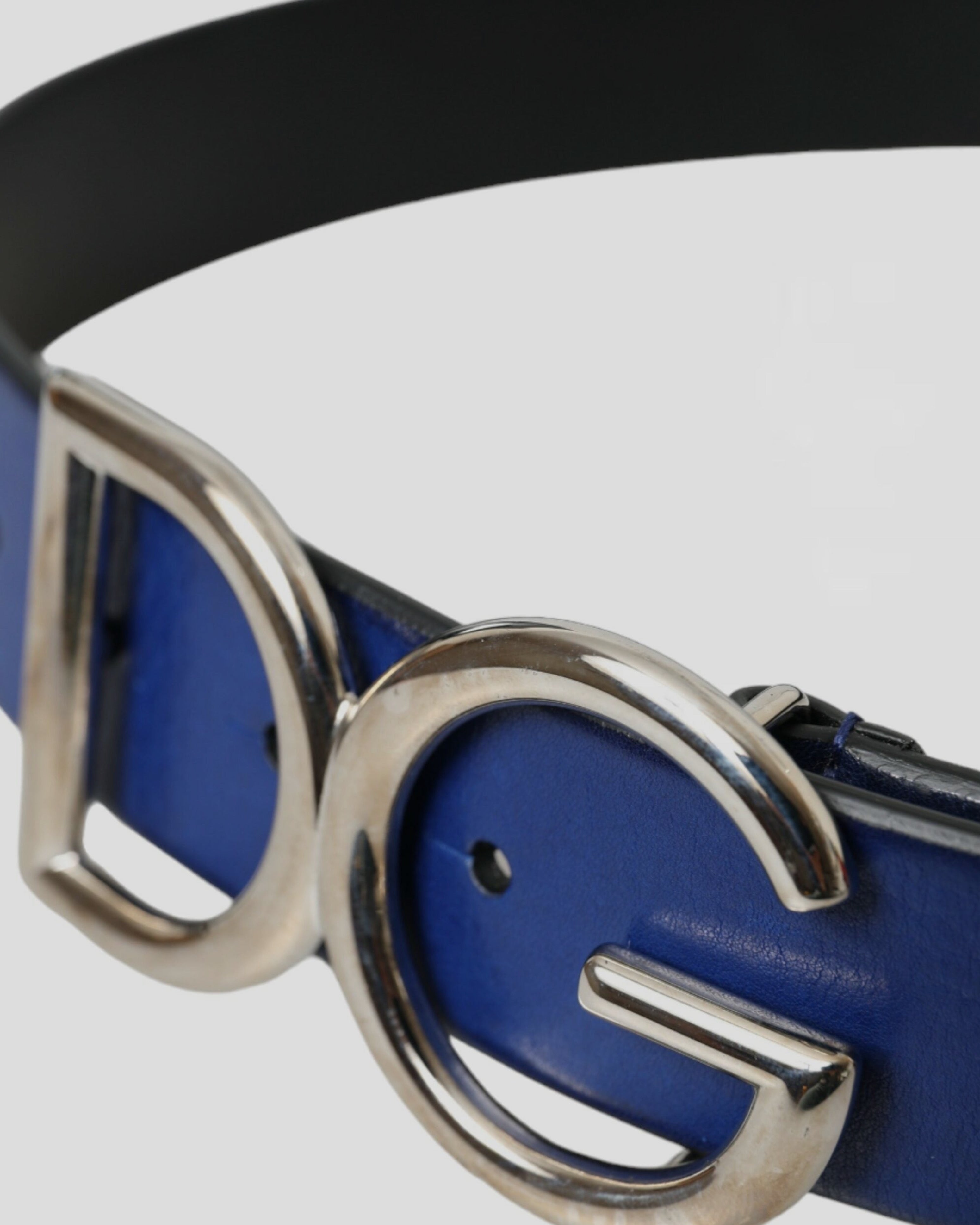 Мъжки луксозен колан от естествена кожа в синьо Dolce & Gabbana Men’s Blue Leather Silver Metal Logo Buckle Belt