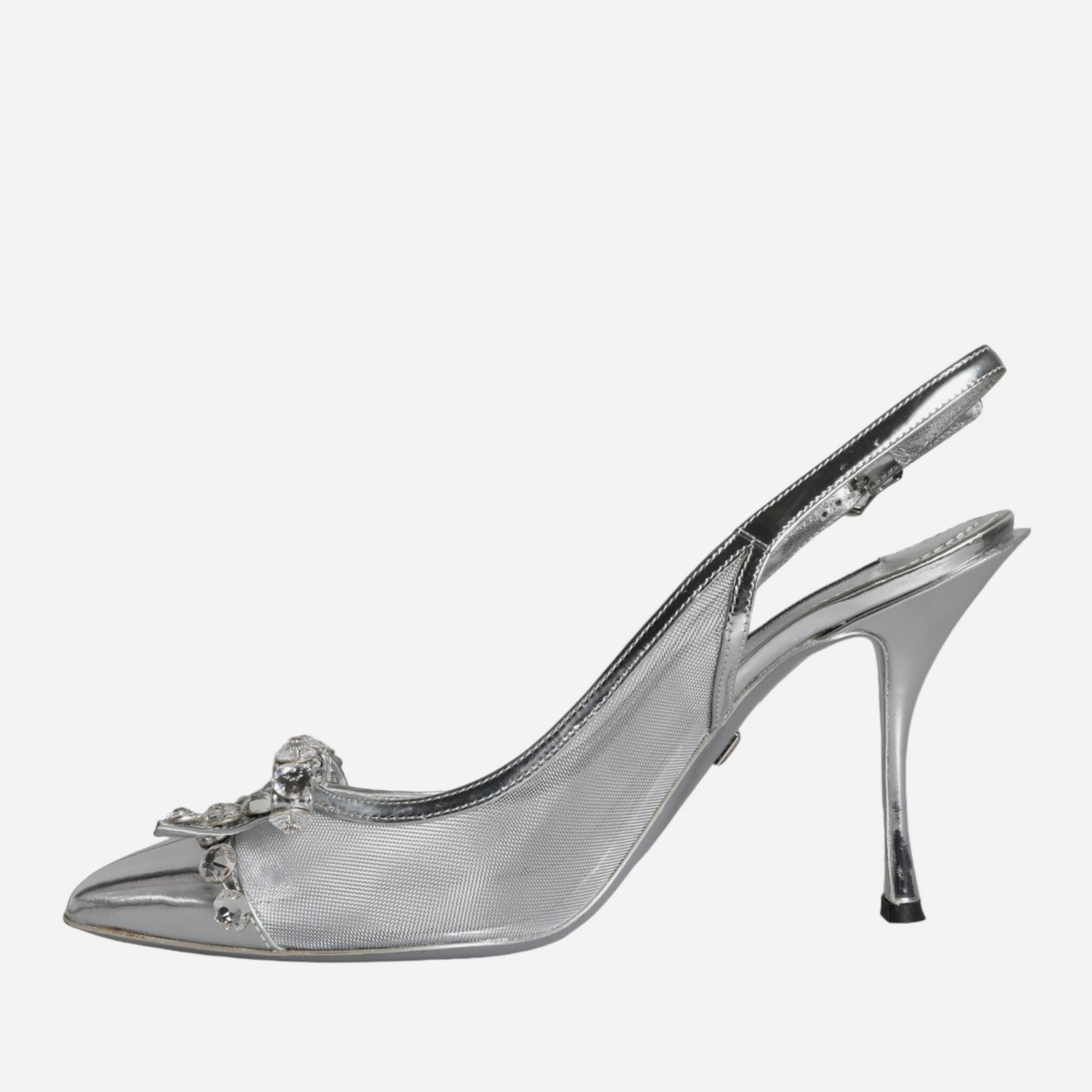 Дамски обувки на висок ток с кристали в сребристо DOLCE & GABBANA Women’s Silver Mesh Crystal Embellished Slingback Heels