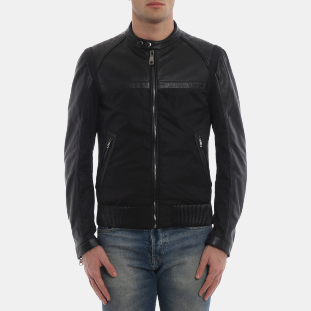 Мъжко яке с кожени детайли DOLCE & GABBANA Elegant Black Bomber Jacket With Accents