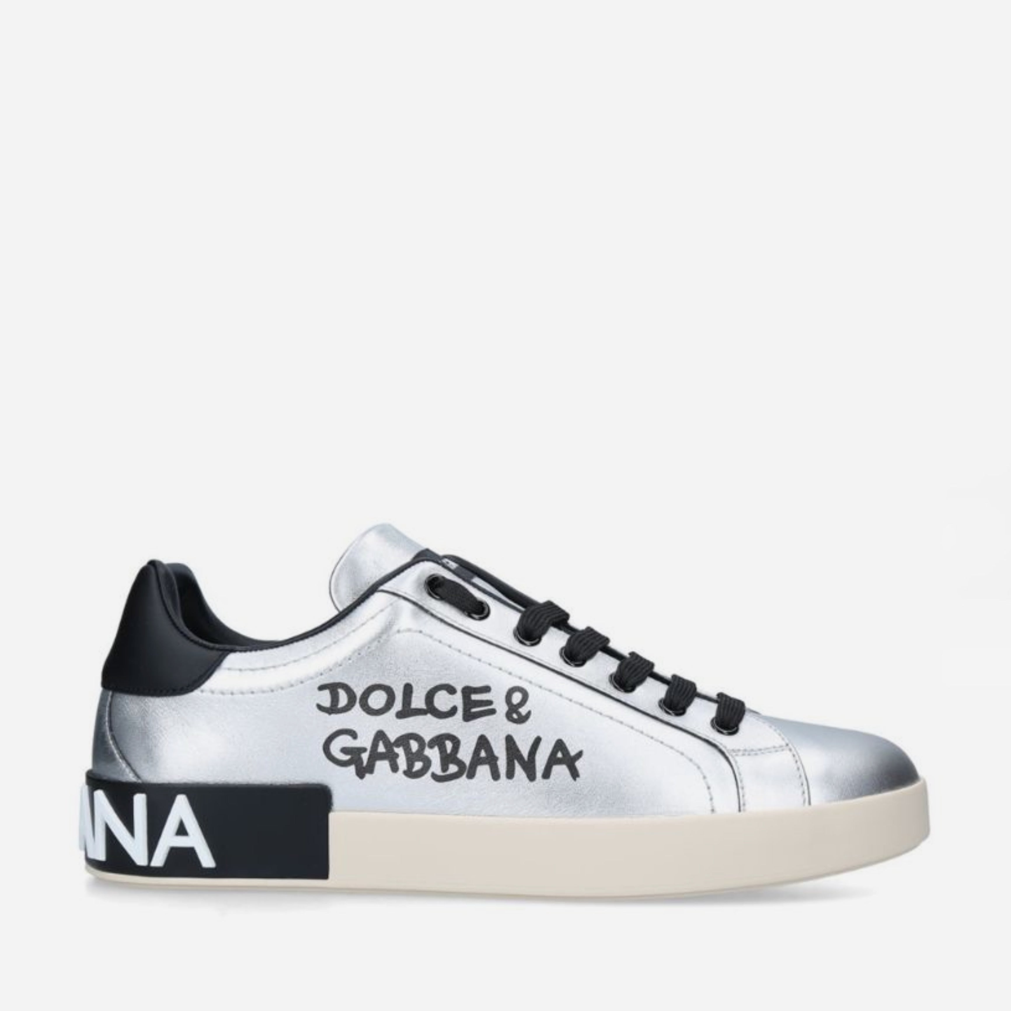 Дамски луксозни кецове от естествена кожа в сребристо Dolce & Gabbana Women’s Silver Portofino Calf Leather Sneakers