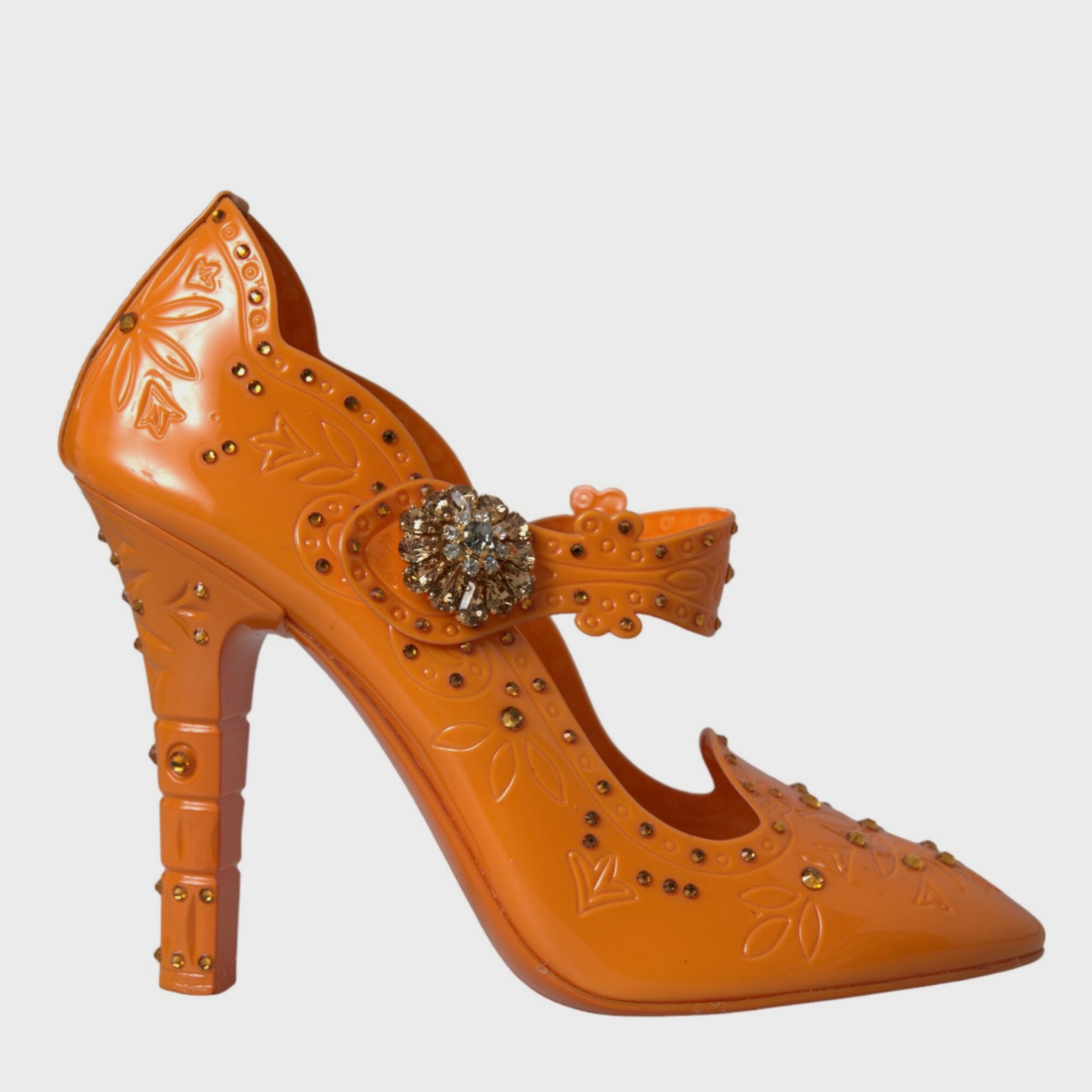 Дамски луксозни обувки на висок ток в оранжево Dolce & Gabbana Women’s CINDERELLA Floral Crystal Orange Heels