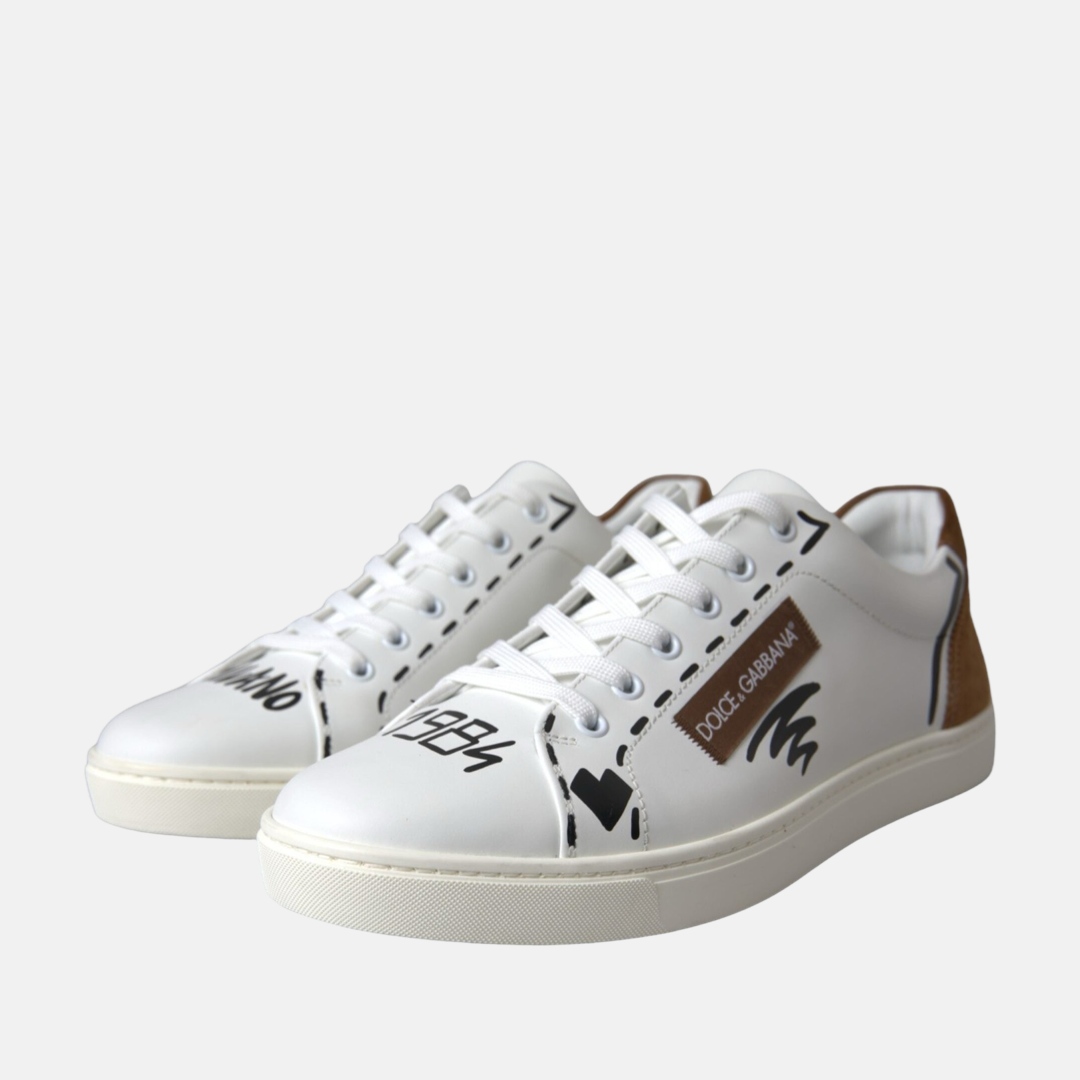 Мъжки бяло кафяви кецове Dolce & Gabbana White Brown Leather Logo Low Top Sneakers