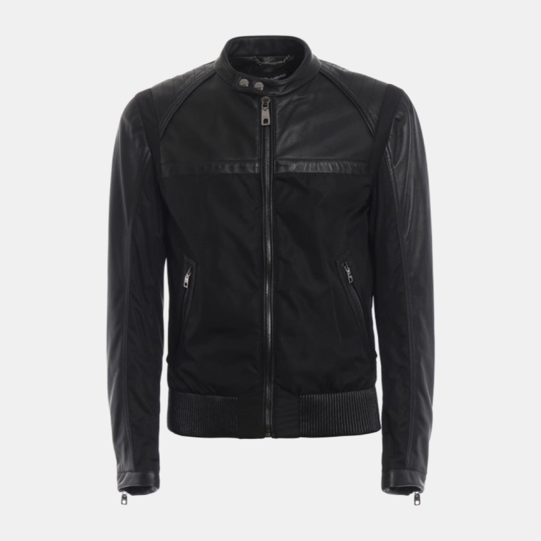 Мъжко яке с кожени детайли DOLCE & GABBANA Elegant Black Bomber Jacket With Accents