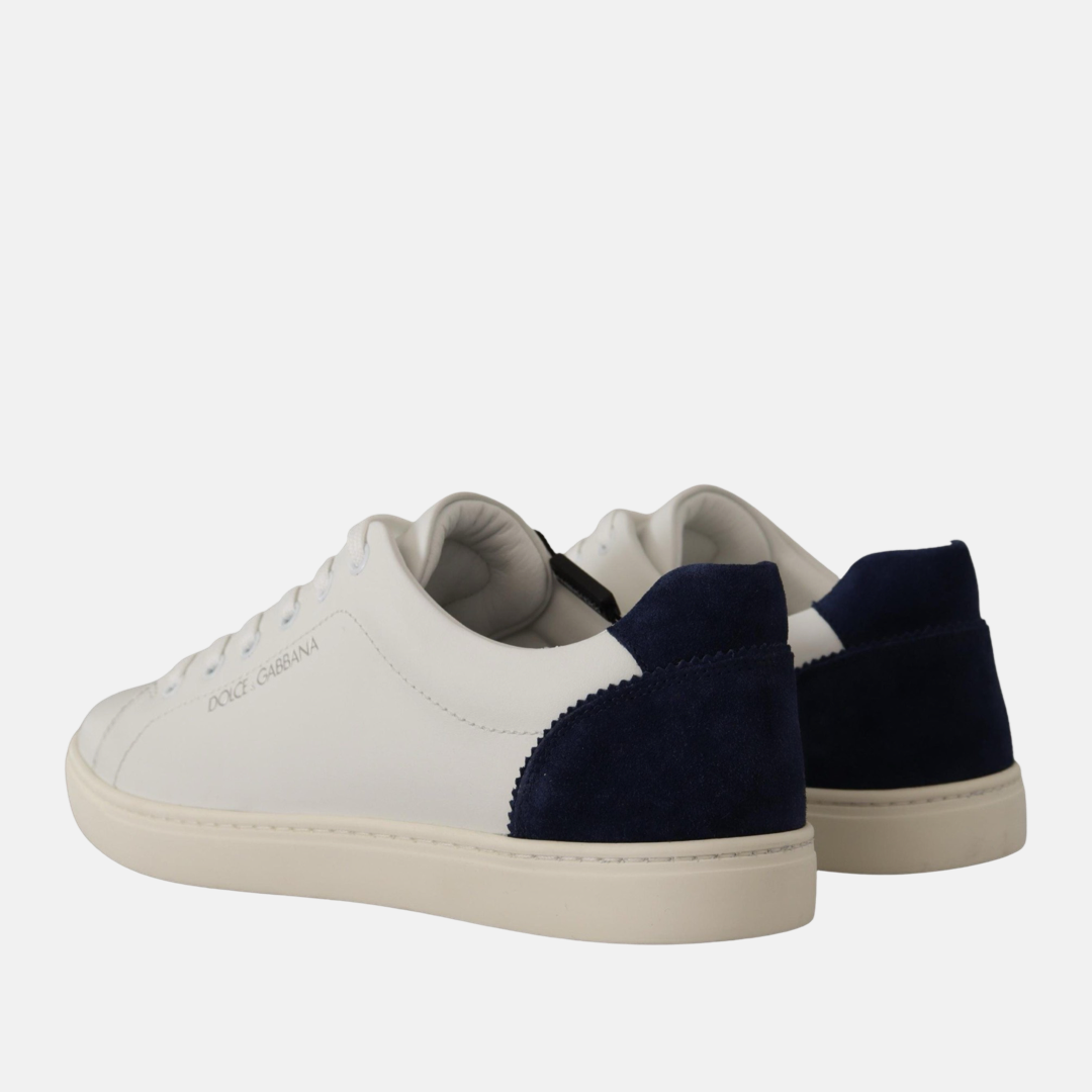 Дамски бели кецове Dolce & Gabbana 
Elegant White and Blue Low-Top Leather Sneakers