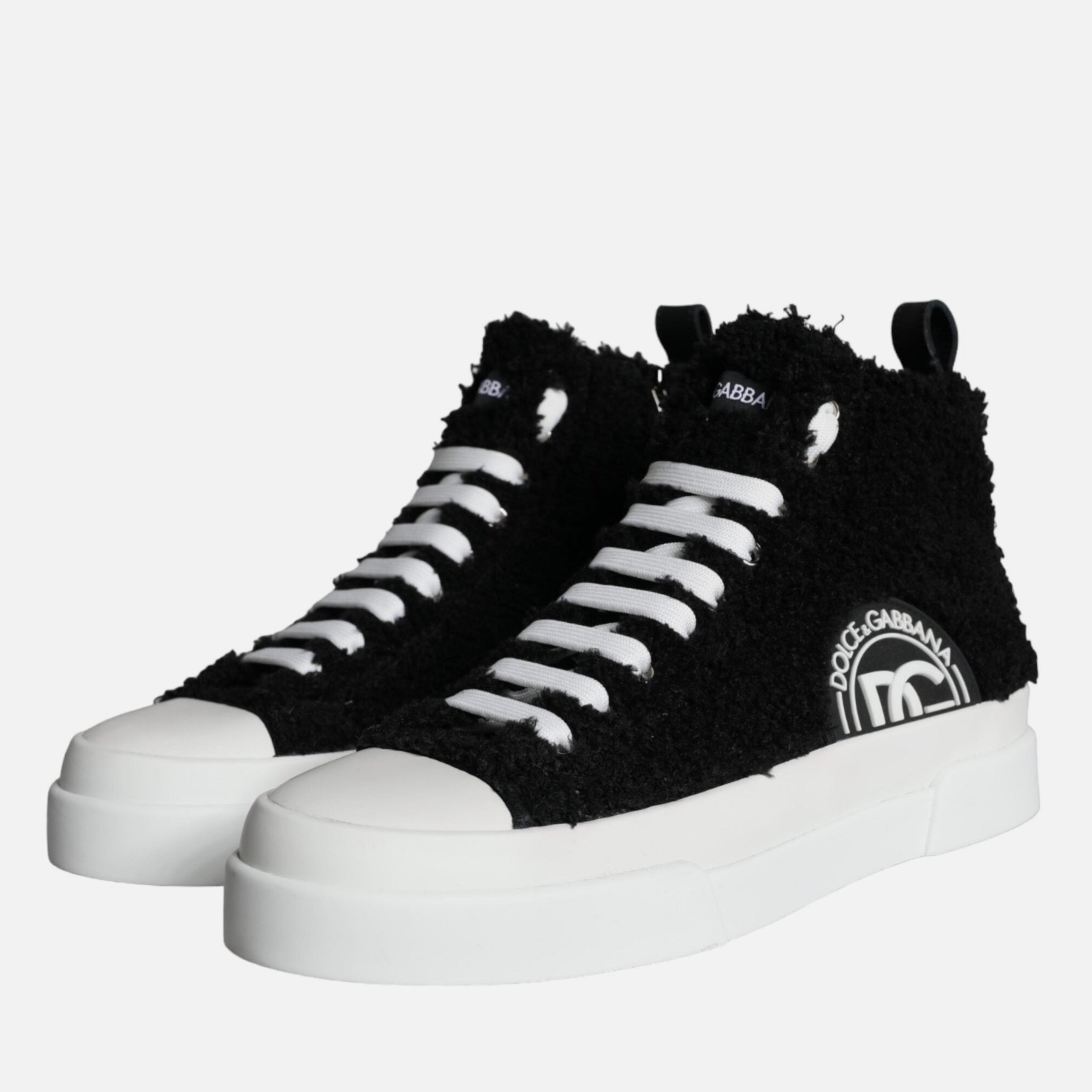 Мъжки високи кецове в черно Dolce & Gabbana Men’s Black White Fur Logo High Top Sneakers