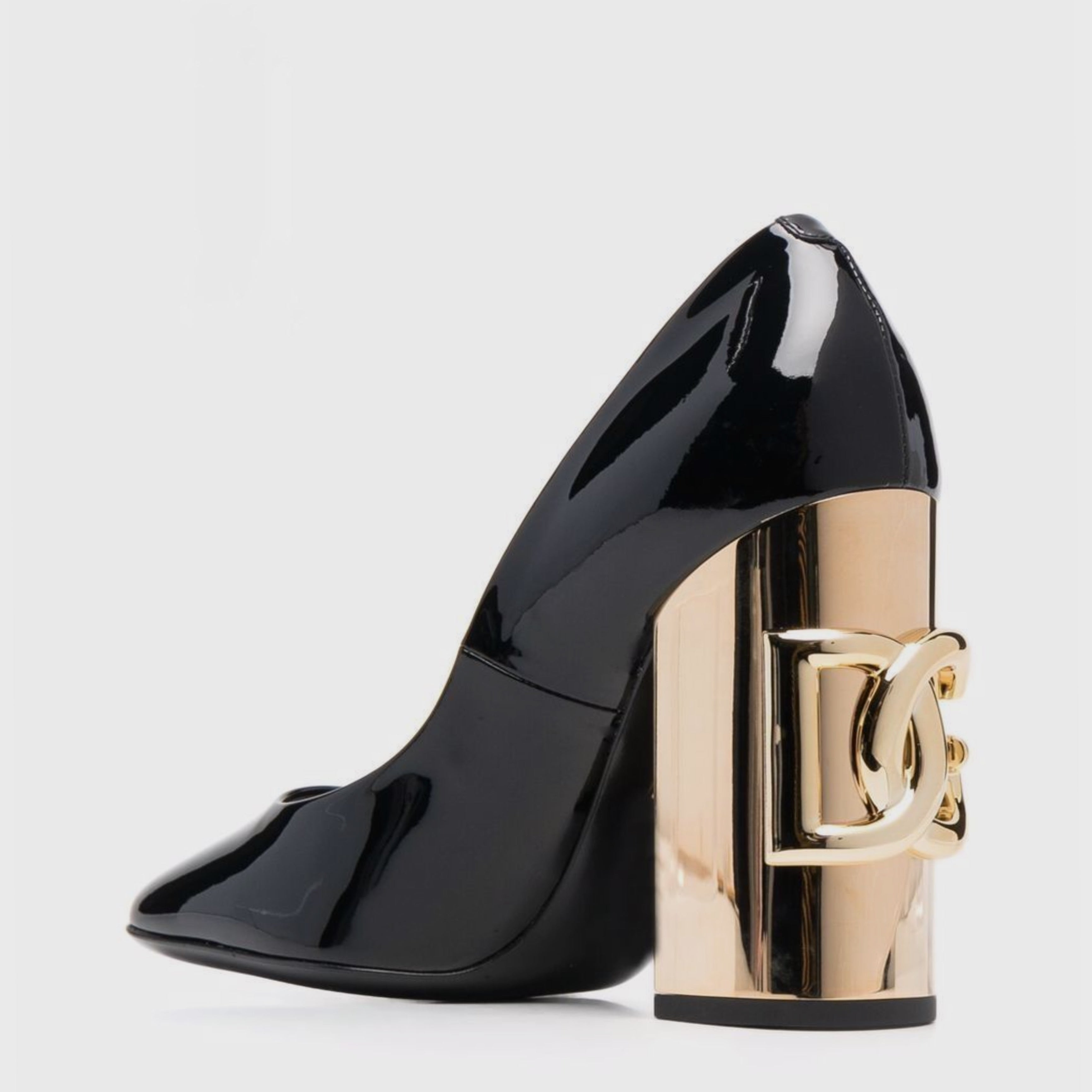 Дамски обувки на висок ток DOLCE & GABBANA Women’s Black Gold Patent Leather DG Logo Heels