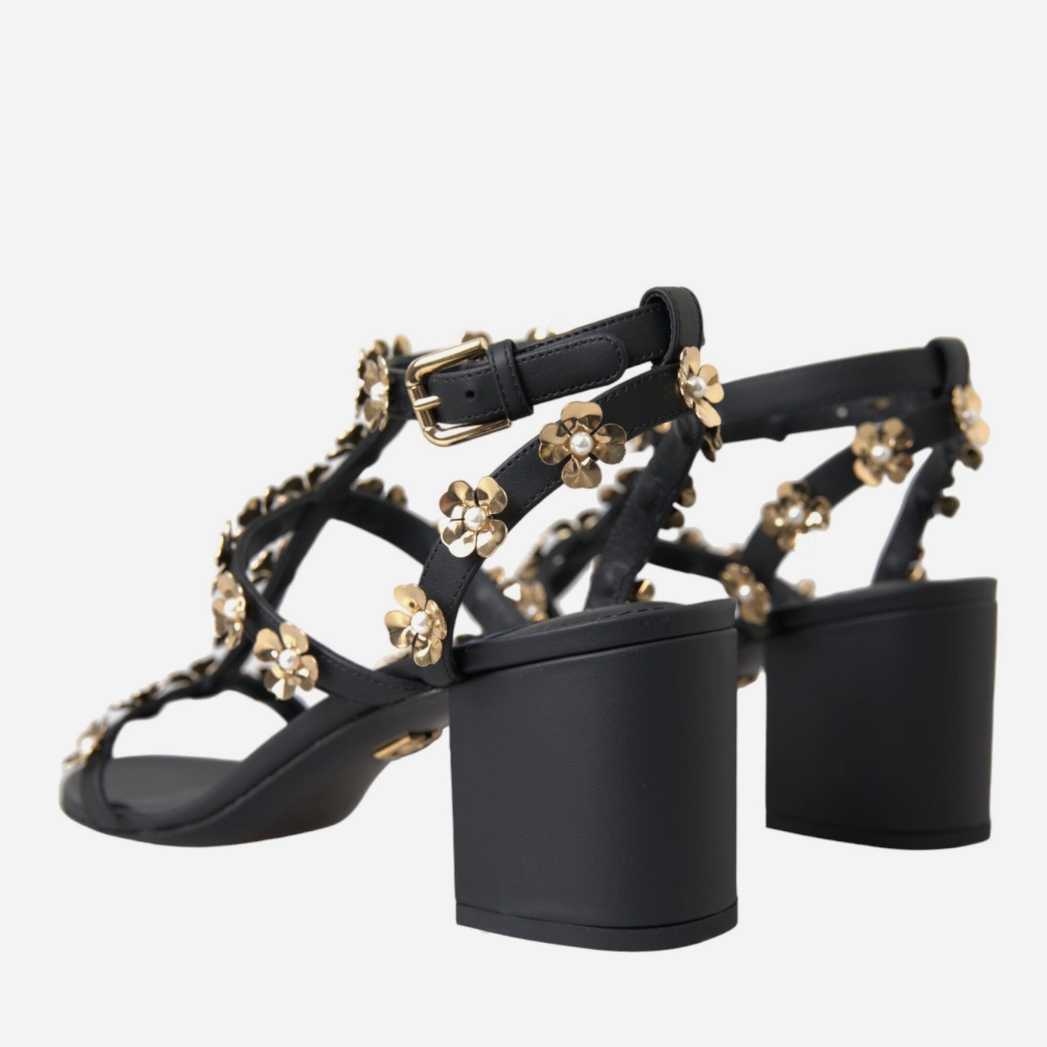 Дамски сандали от естествена кожа в черно с украса от цветенца DOLCE & GABBANA Women’s Black Leather Embellished Sandals