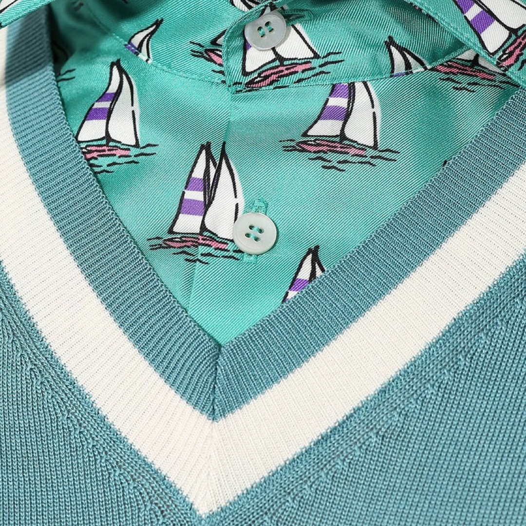 Мъжка копринена поло тениска Dolce & Gabbana Silk Polo Tee with Boat Collar Print