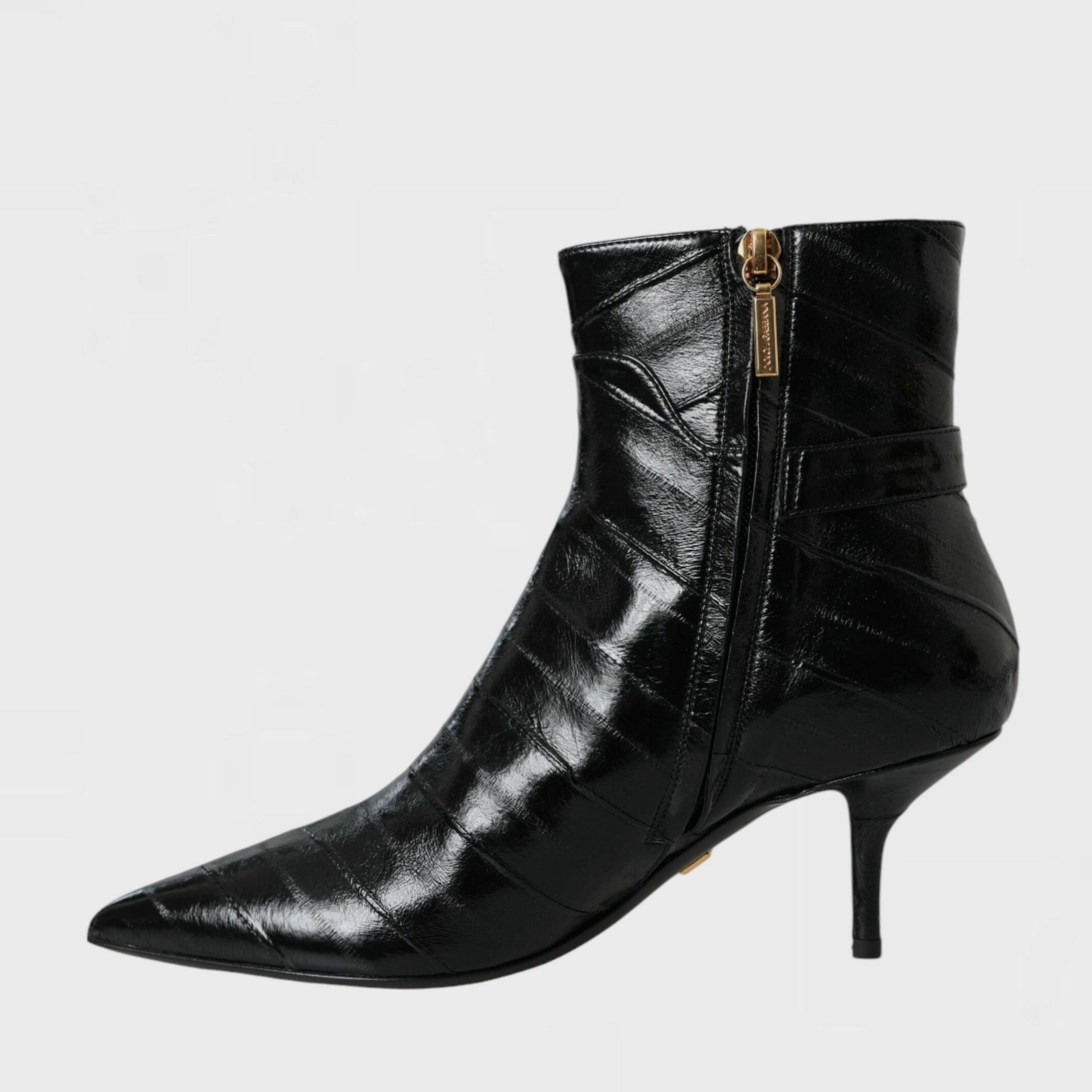 Дамски черни обувки боти на висок ток от естествена кожа от змиорка Dolce & Gabbana Black Eel Leather DG Logo Ankle Boots