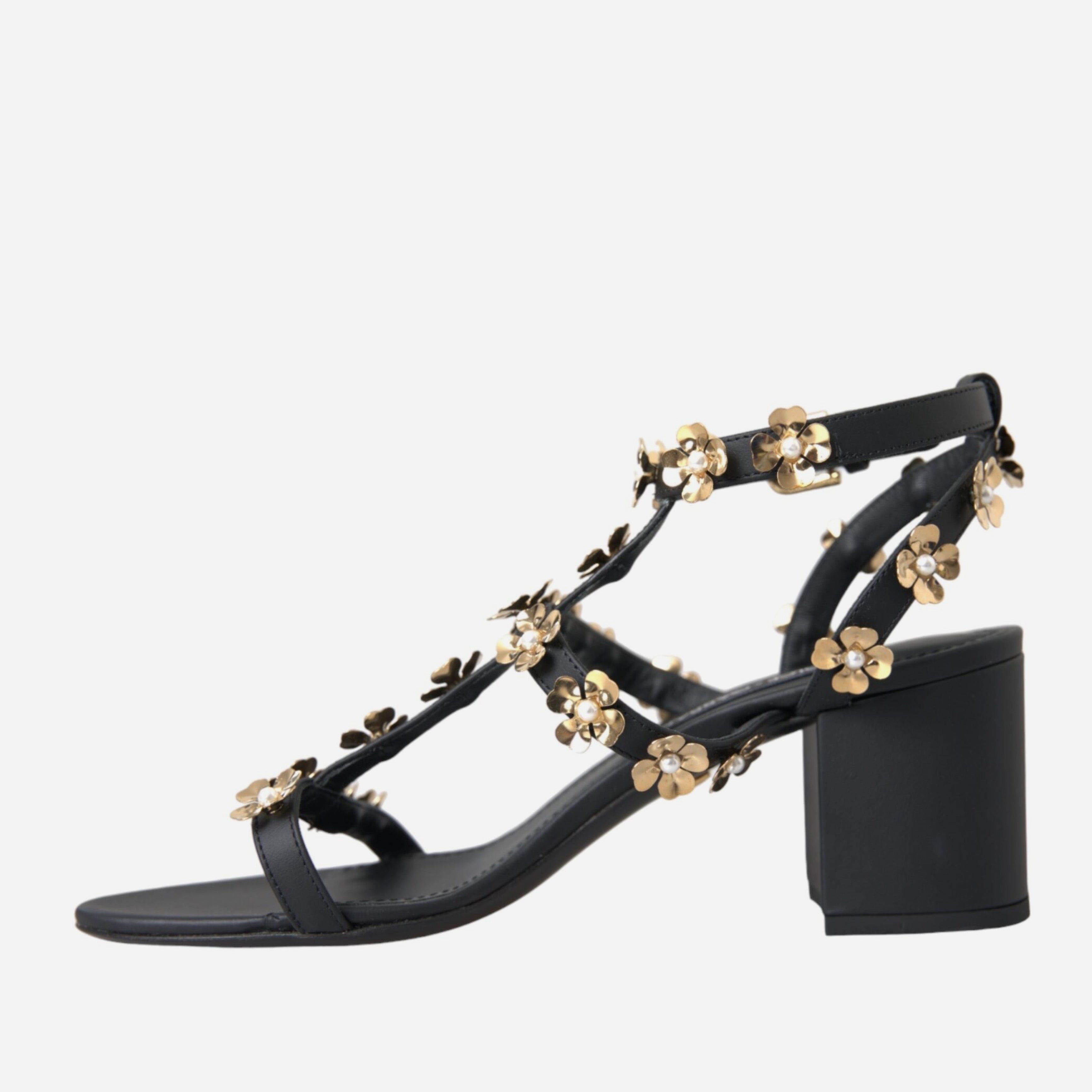 Дамски сандали от естествена кожа в черно с украса от цветенца DOLCE & GABBANA Women’s Black Leather Embellished Sandals