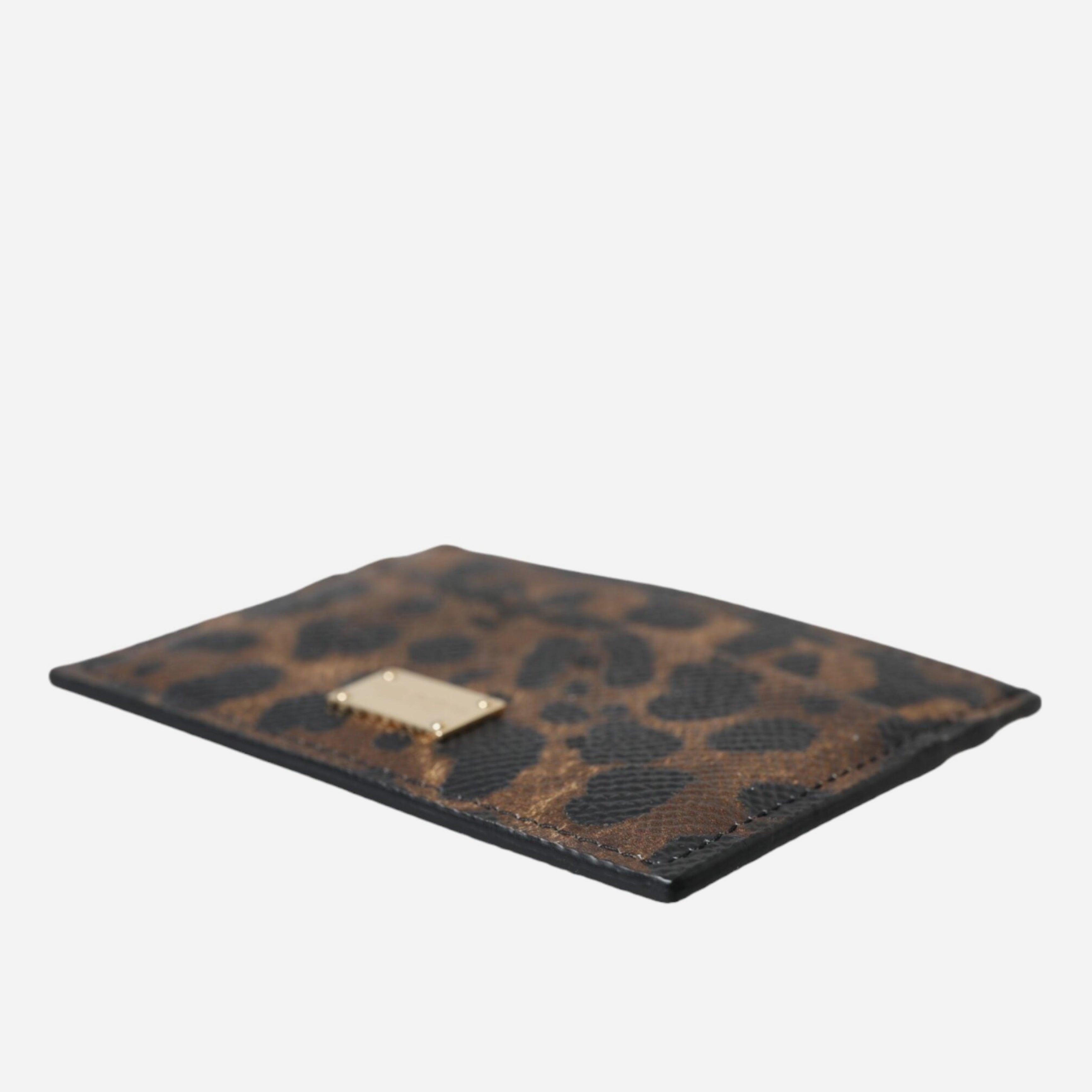 Дамски луксозен леопардов кардхолдър от естествена кожа Dolce & Gabbana Women’s Brown Leather Leopard Logo Plaque Women Cardholder