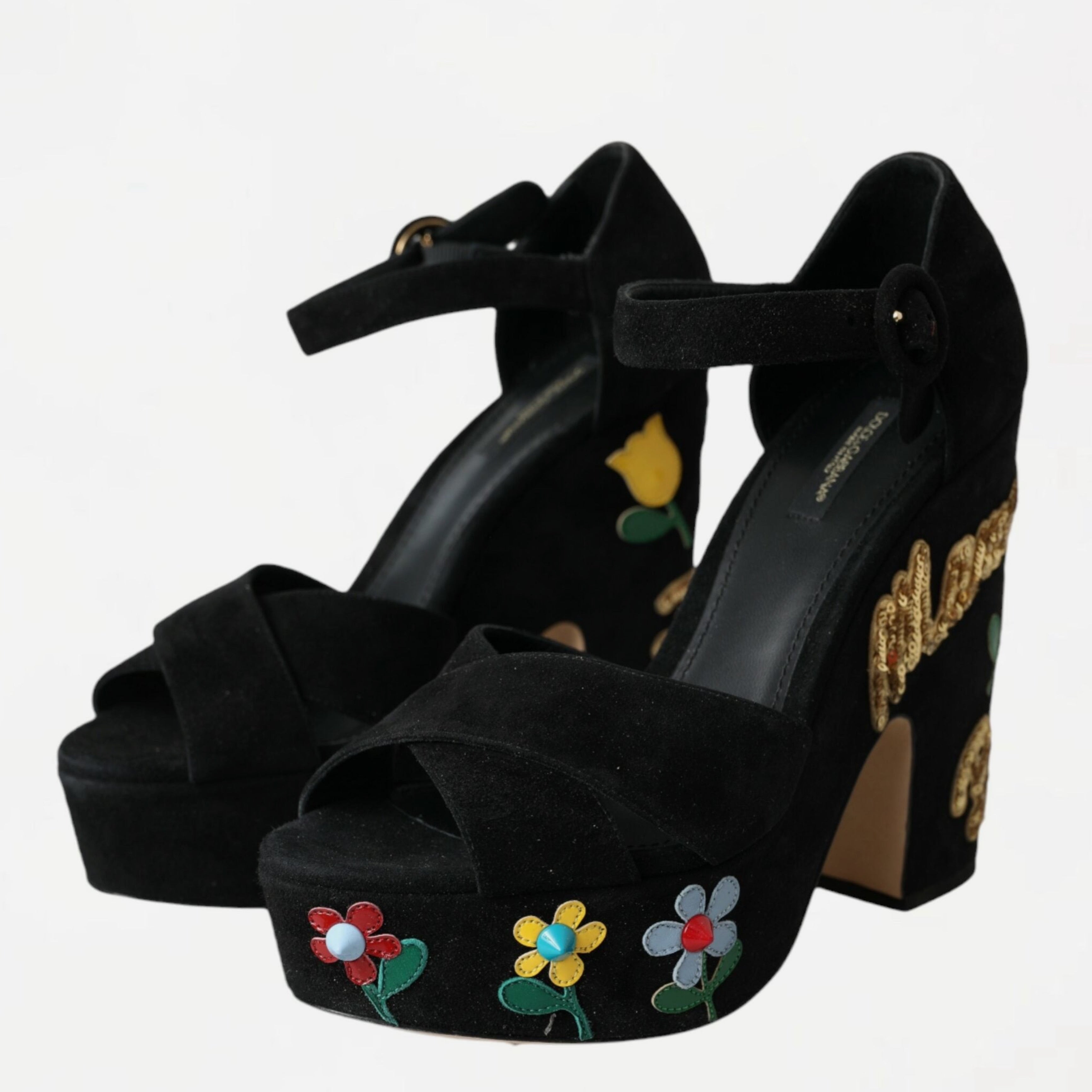 Дамски луксозни обувки на висок ток с флорални мотиви Dolce & Gabbana Mama Mia Black Floral Ankle Strap Heels в черно