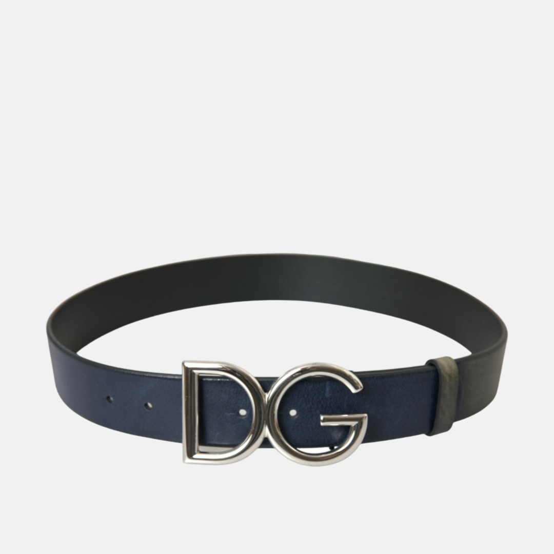 Мъжки син колан Dolce & Gabbana Blue Leather Silver Metal Logo Buckle Belt