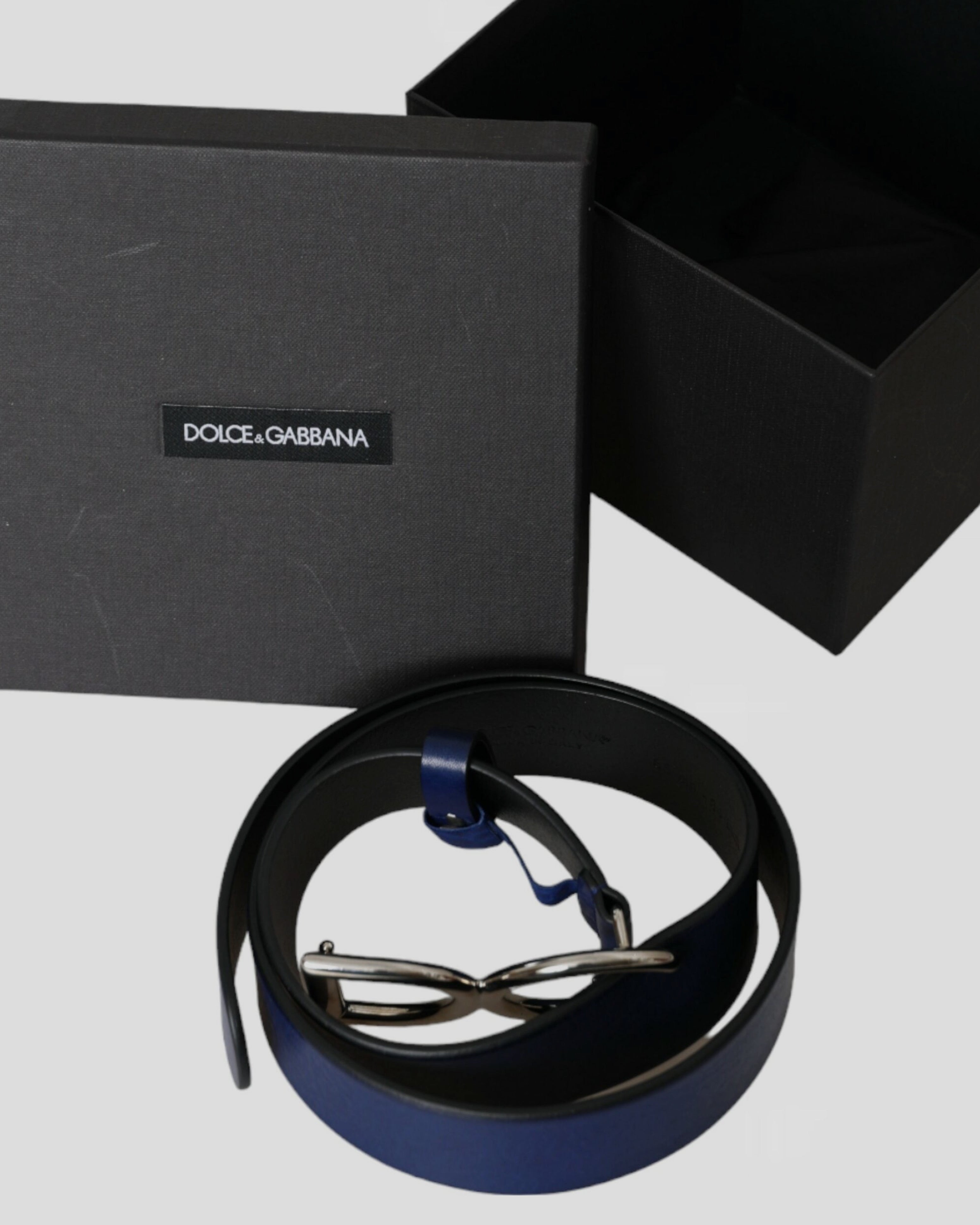 Мъжки луксозен колан от естествена кожа в синьо Dolce & Gabbana Men’s Blue Leather Silver Metal Logo Buckle Belt