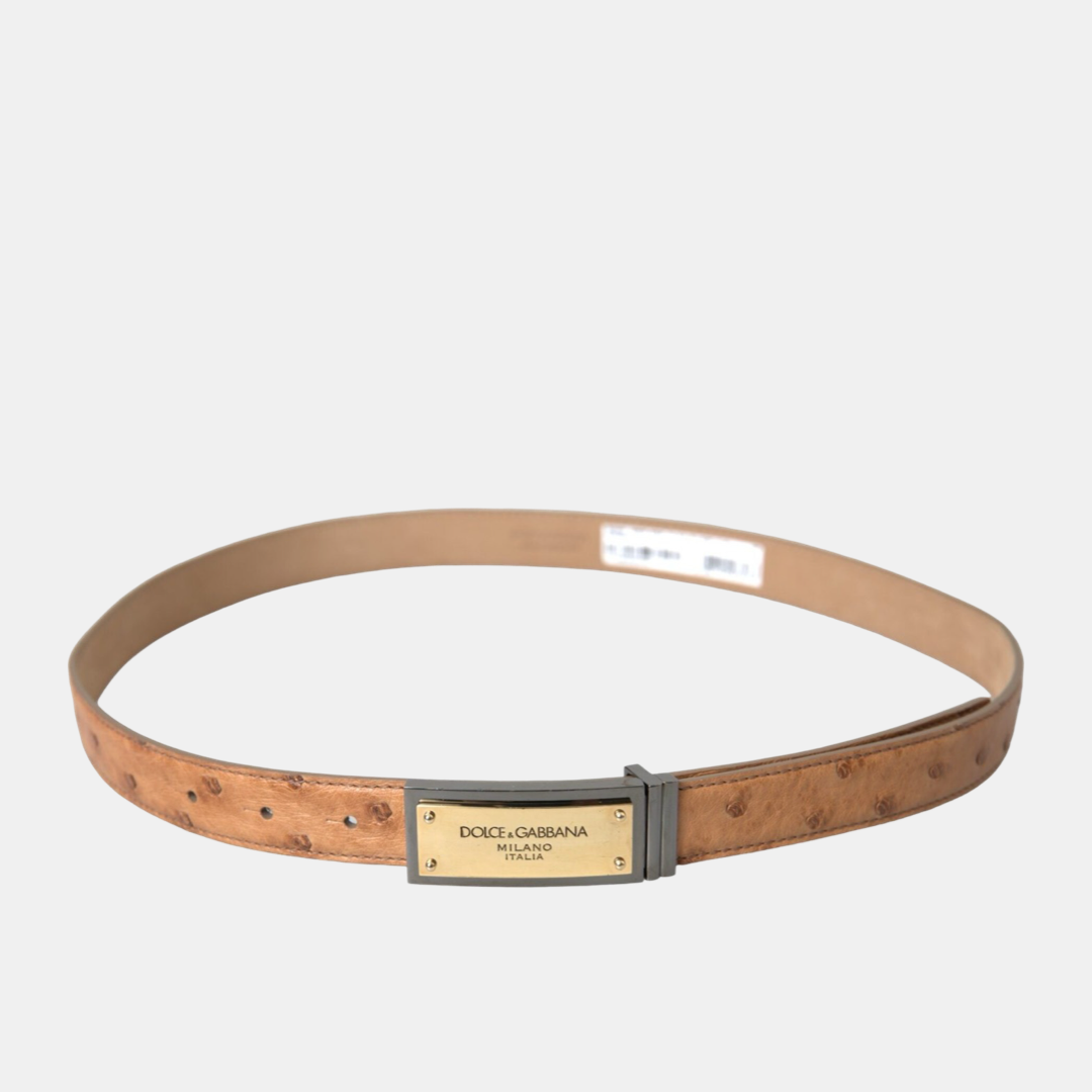 Дамски кожен колан Dolce & Gabbana Beige Leather Gold Logo Engraved Buckle Belt