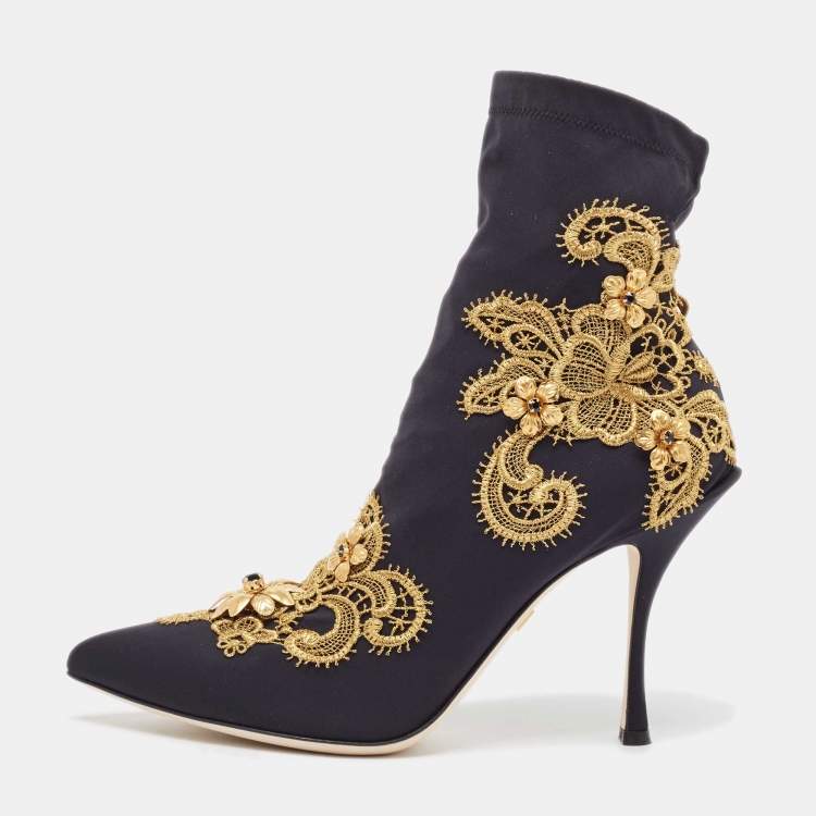Дамски боти на ток 10 см Women’s ankle boots on heels 10 cm with embroidery and crystals DOLCE & GABBANA CT0479 AZ475 89718 Black and Gold lateral view