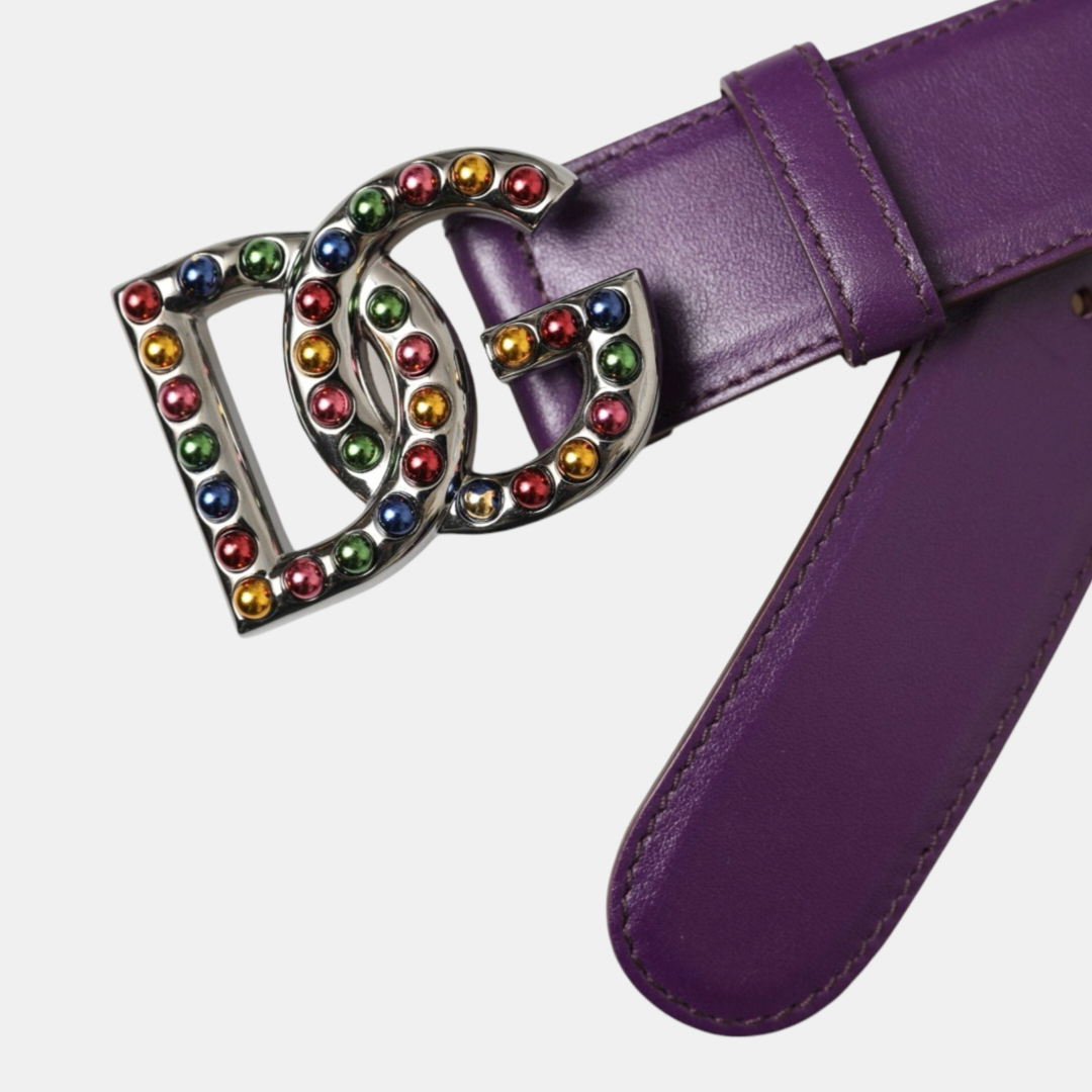 Дамски лилав колан Dolce & Gabbana Purple Leather DG Logo Studs Metal Buckle Belt