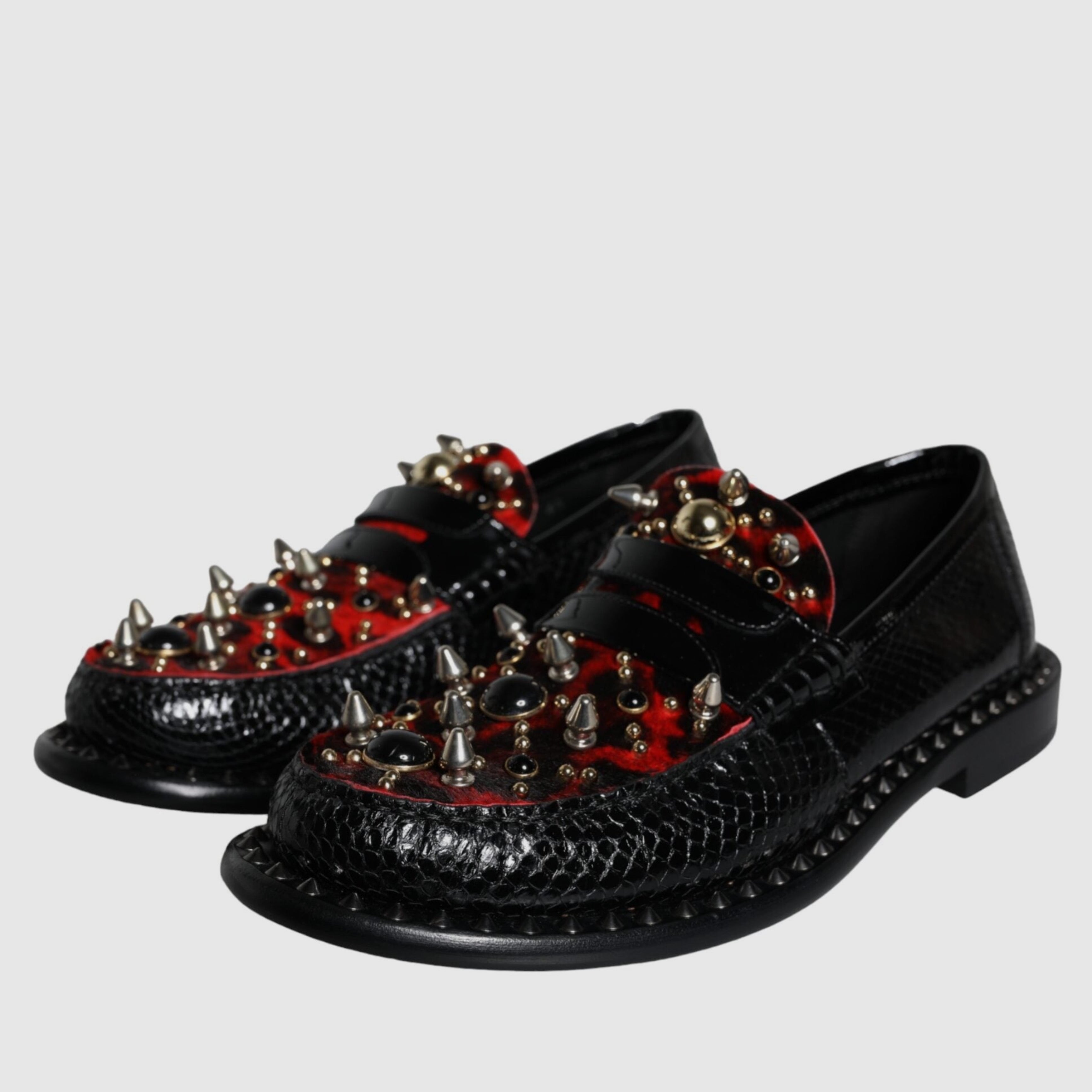 Мъжки лимитирани екстравагантни мокасини лоуфъри Dolce & Gabbana Men’s Black Leopard Print Studs Leather Loafers