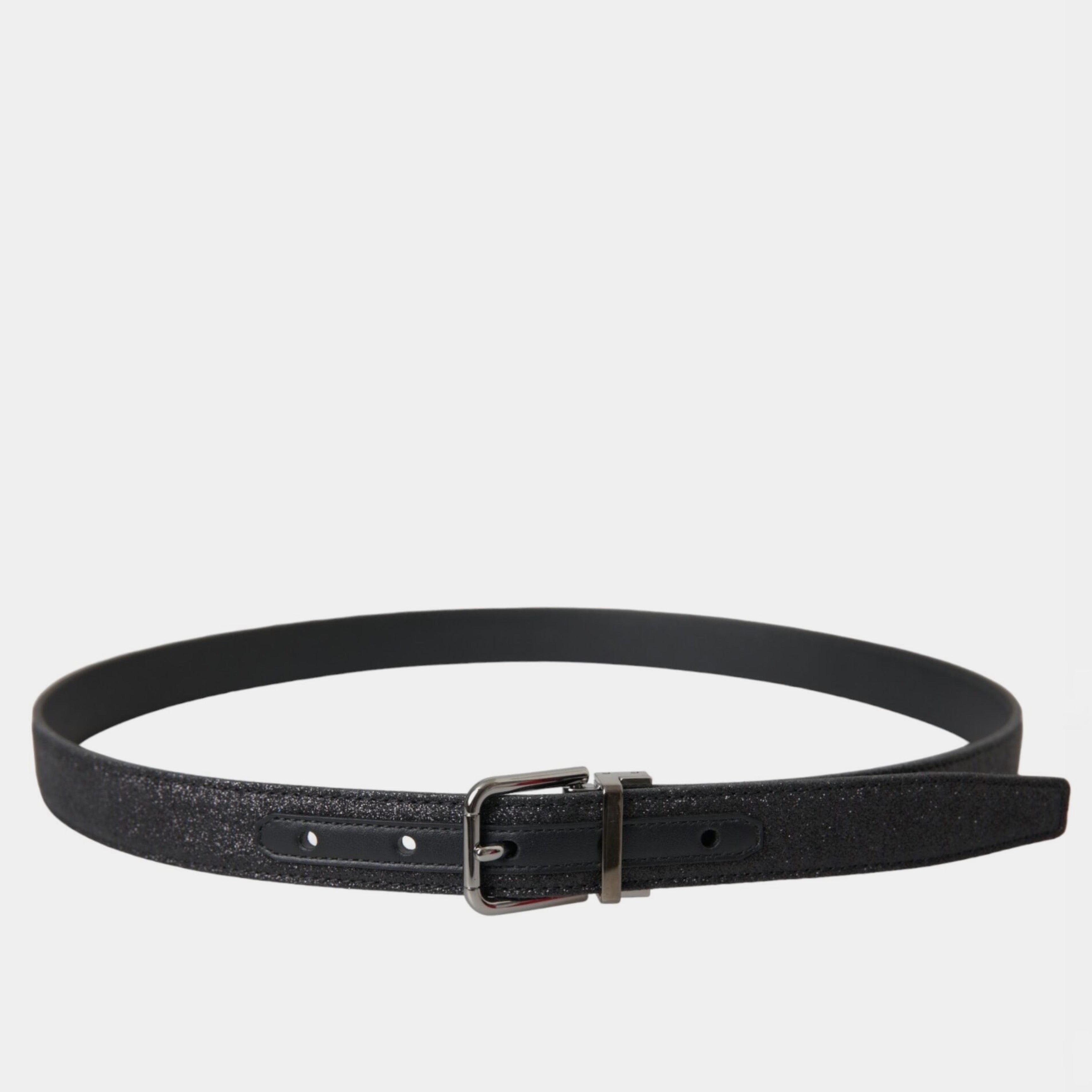 Дамски колан от естествена кожа Dolce & Gabbana Black Glittered Leather Silver Buckle Belt в черно