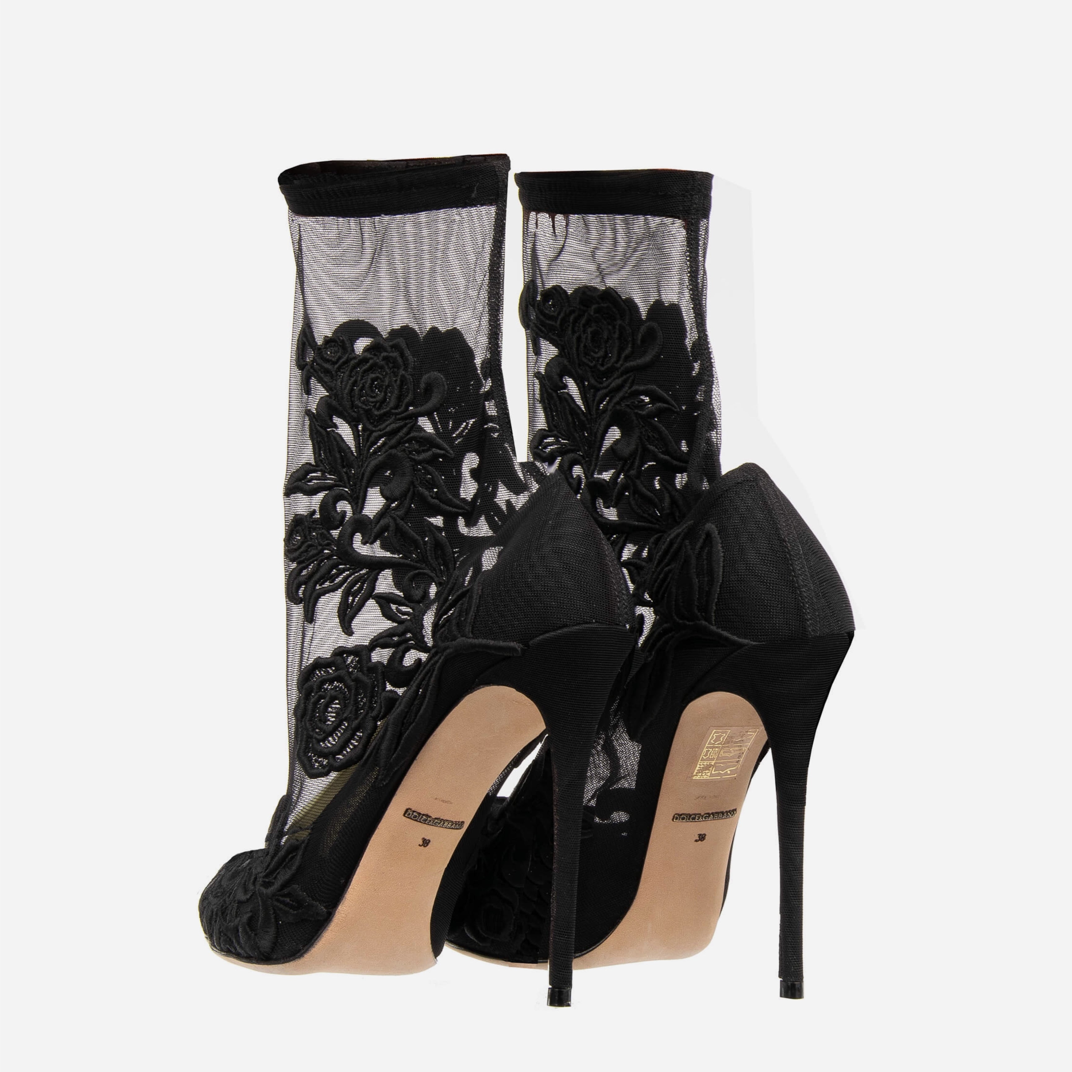 Дамски луксозни обувки на висок ток с чорап с бродерия в черно DOLCE & GABBANA Women’s Embroidered Floral Stiletto Socks Booties