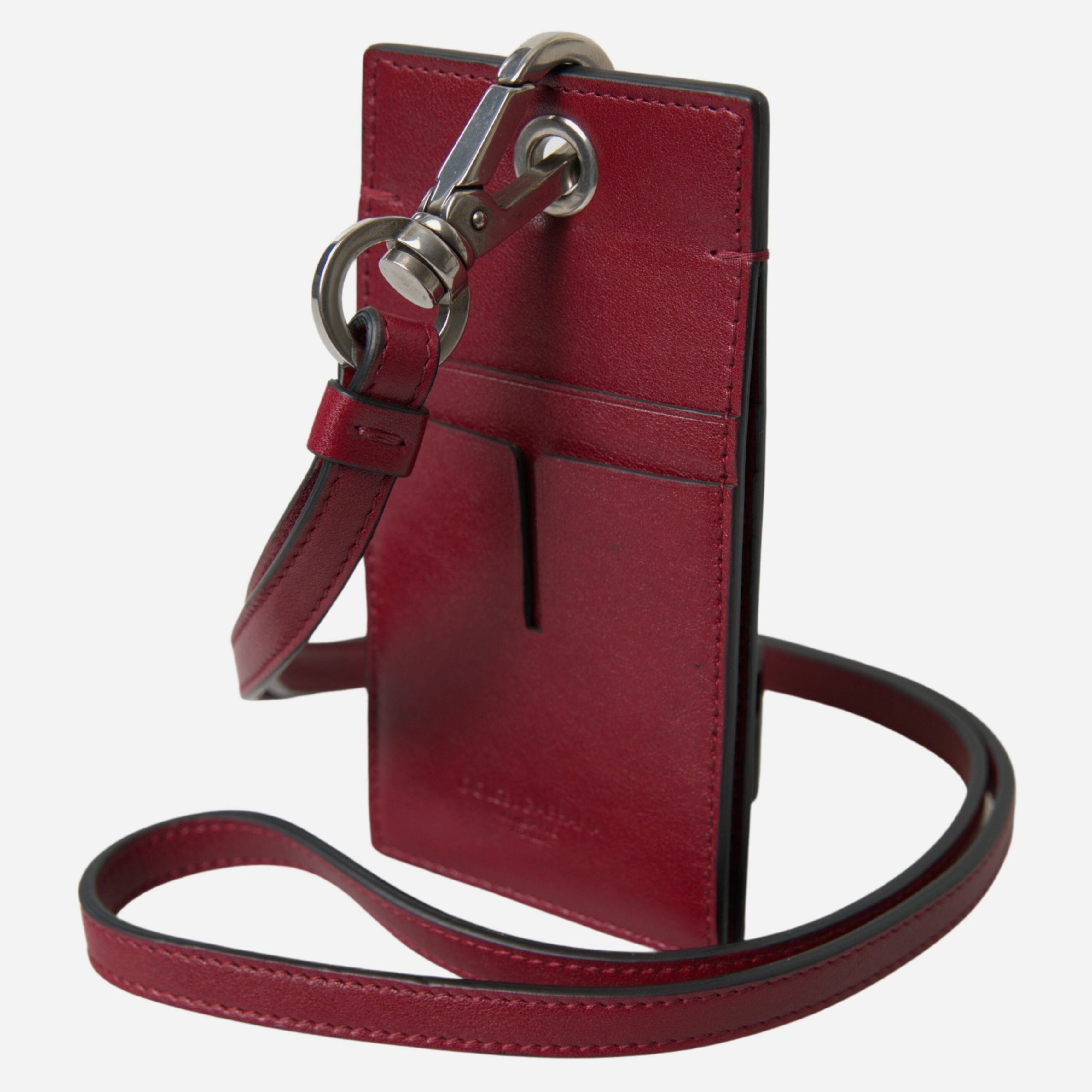 Унисекс картхолдър от естествена кожа с каишка за врата Dolce & Gabbana Unisex Elegant (Red) Burgundy Leather Cardholder with Strap