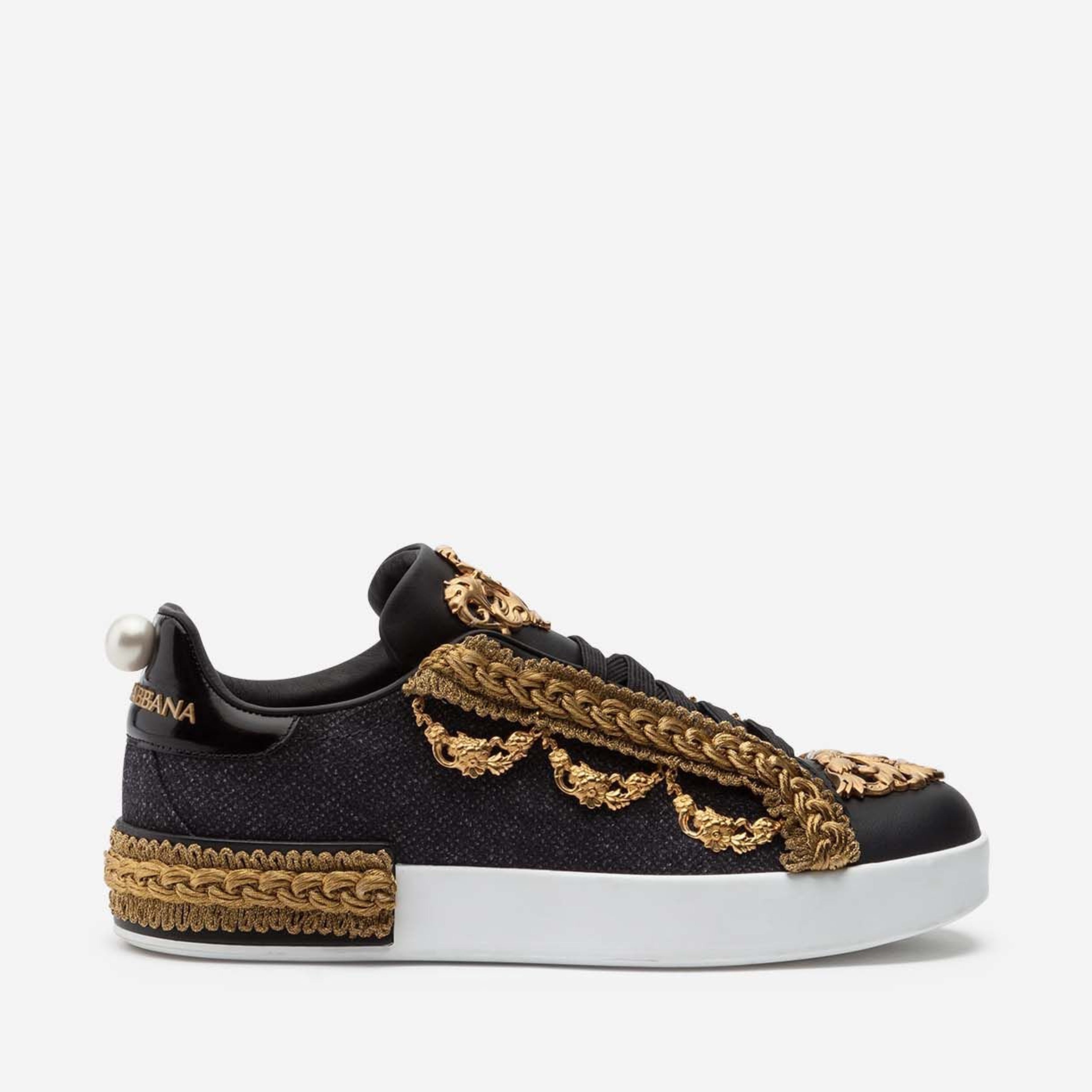 Дамски луксозни кецове Dolce & Gabbana Women’s Portofino Leather Sneakers in Black/Gold