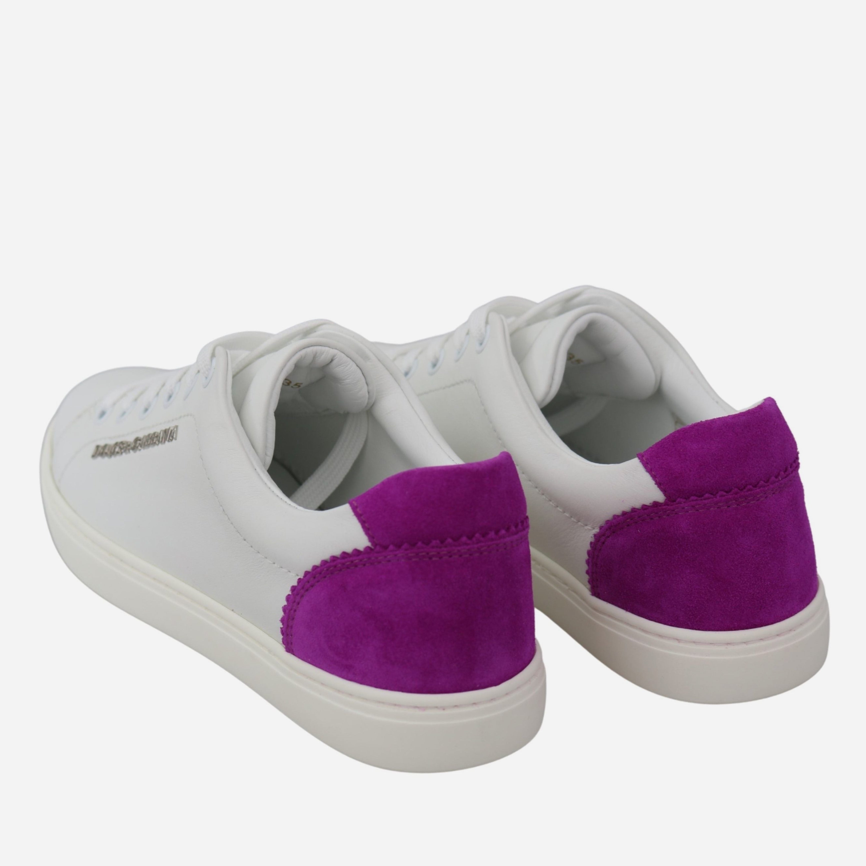 Дамски ежедневни кецове от естествена кожа в бяло Dolce & Gabbana Women’s Chic White Leather Sneakers with Purple Accents