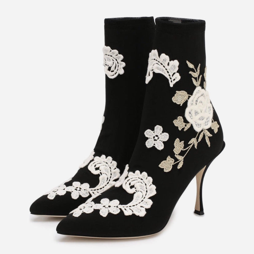 Дамски луксозни черни боти с бродерия DOLCE & GABBANA Women’s Black White Embroidery Ankle Boots