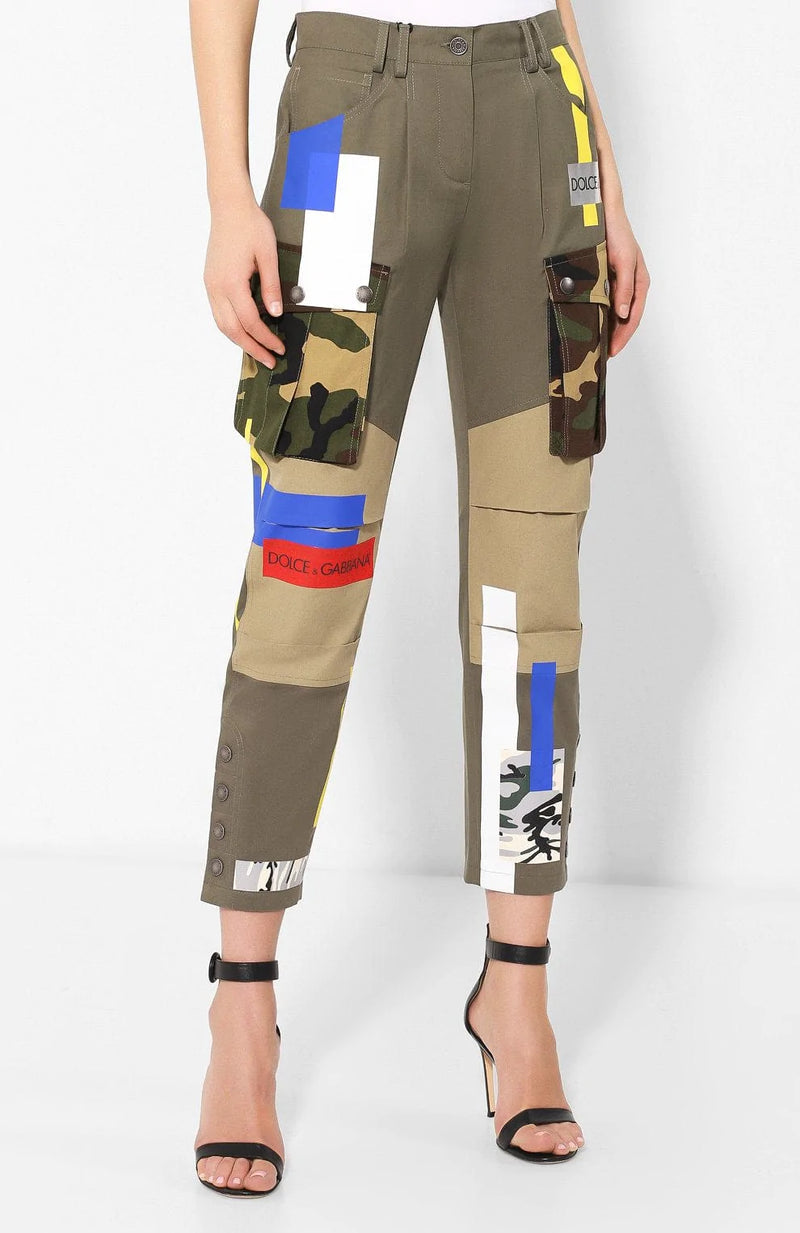 Дамски луксозни пачуърк карго панталони в милитари зелено Dolce & Gabbana Women’s Chic Patchwork Cargo Pants