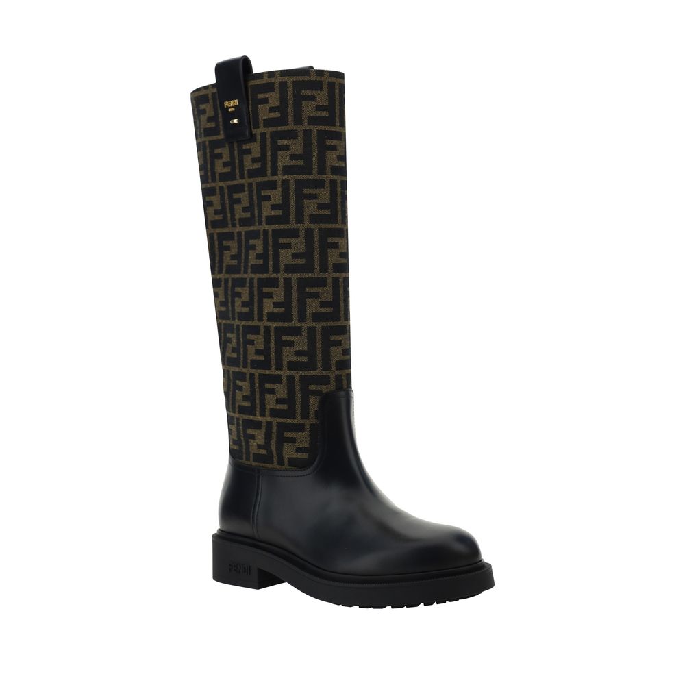 Дамски ботуши Women’s Black leather and brown FF fabric boots FENDI FILO 8W8574AHGYF0PMM angled view