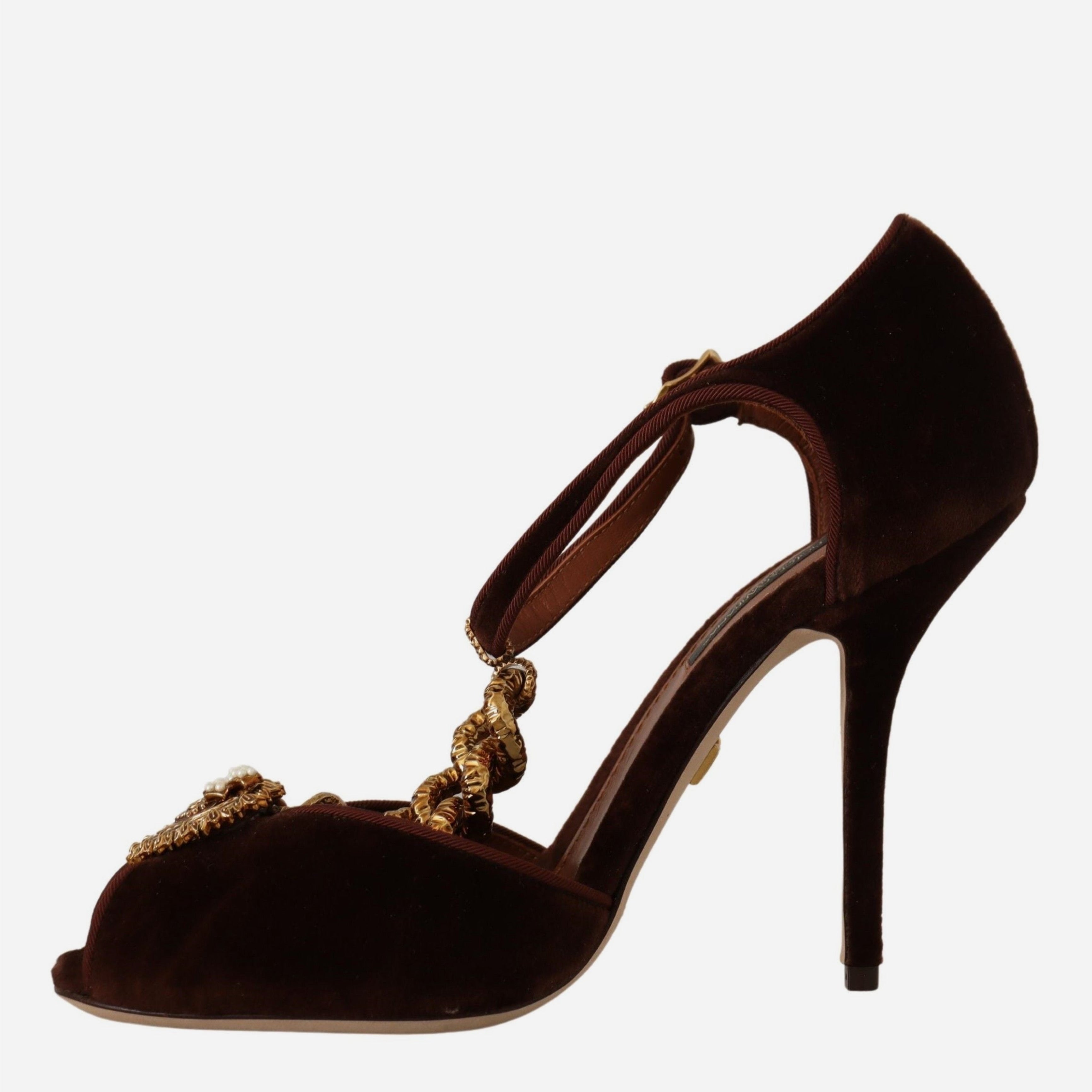 Дамски луксозни кадифени отворени обувки на висок ток в кафяво DOLCE & GABBANA Women’s Luxury Gold Detail Velvet Heels