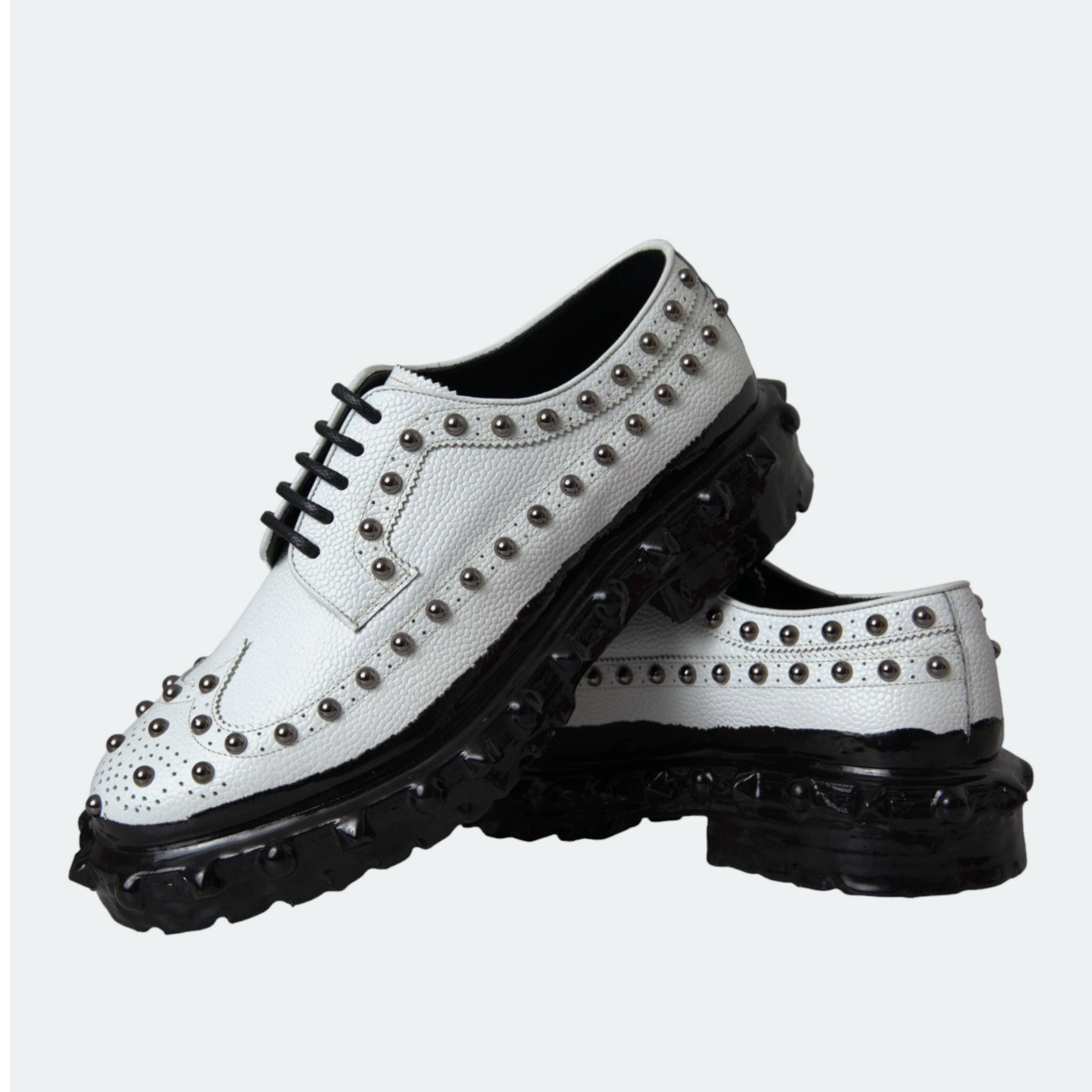 Мъжки луксозни обувки с капси от естествена кожа в бяло DOLCE & GABBANA Men’s White Black Leather Embellished Derby Formal Shoes