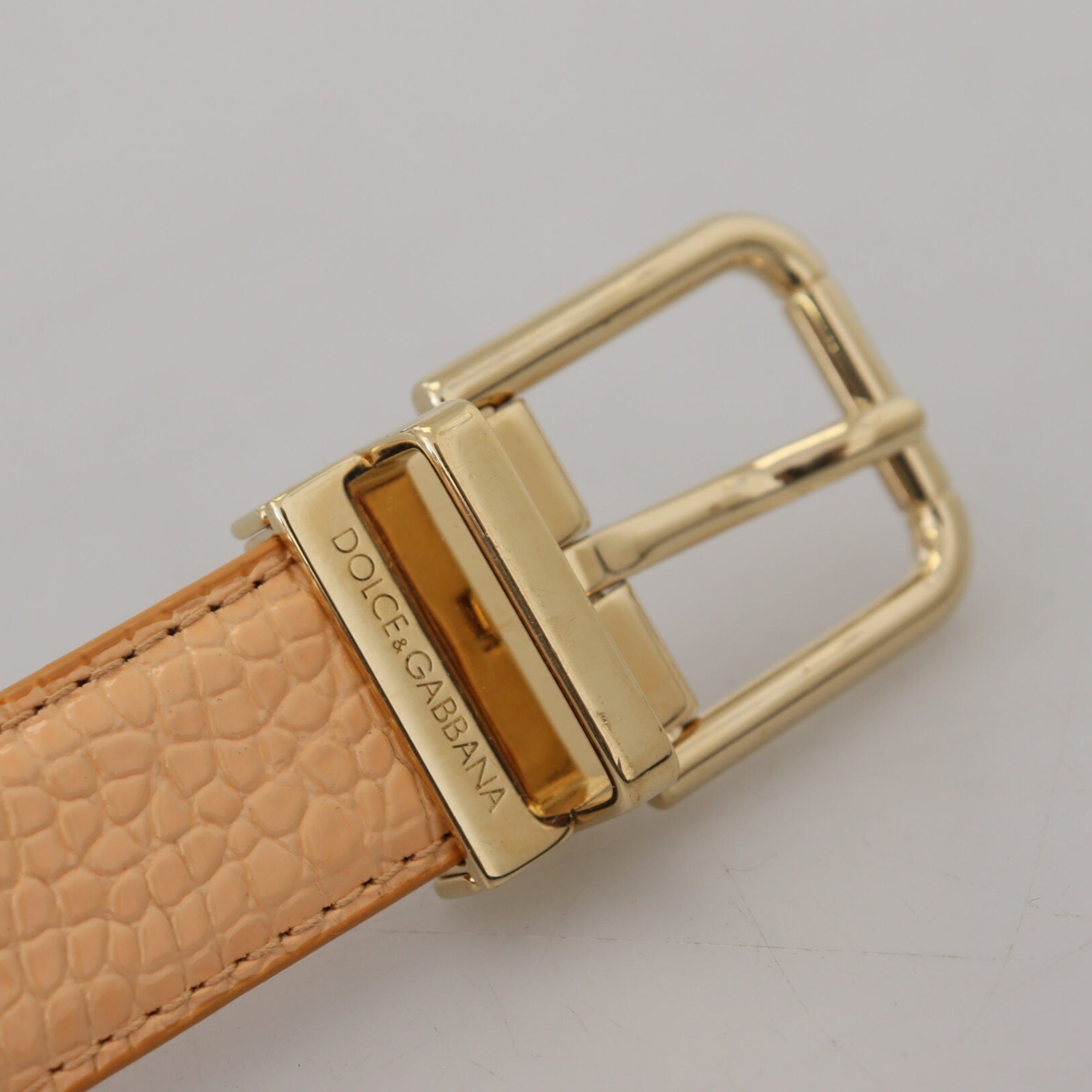 Дамски луксозен колан от естествена екзотична кожа Dolce & Gabbana Beige Exotic Leather Gold Metal Buckle Belt в бежово