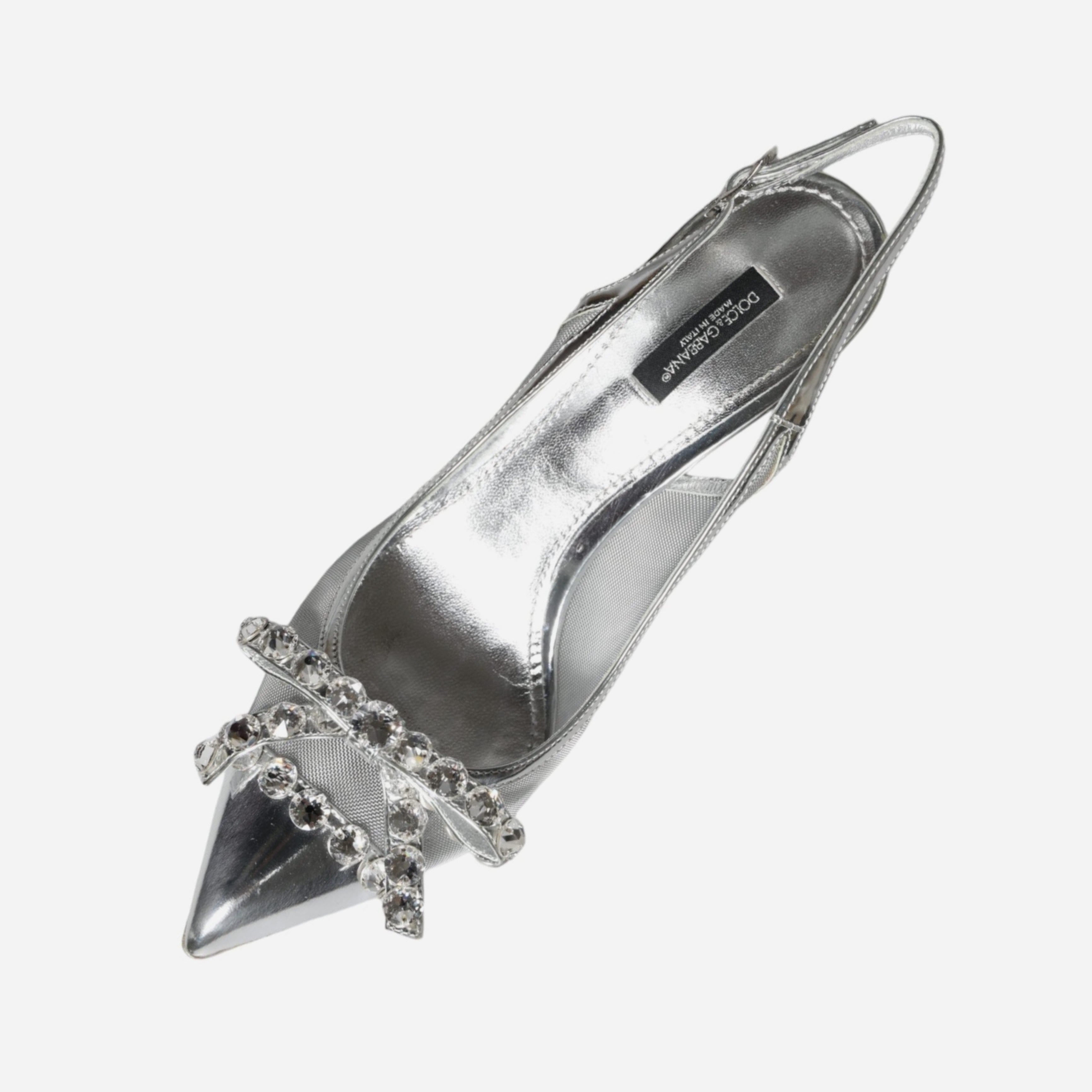 Дамски обувки на висок ток с кристали в сребристо DOLCE & GABBANA Women’s Silver Mesh Crystal Embellished Slingback Heels