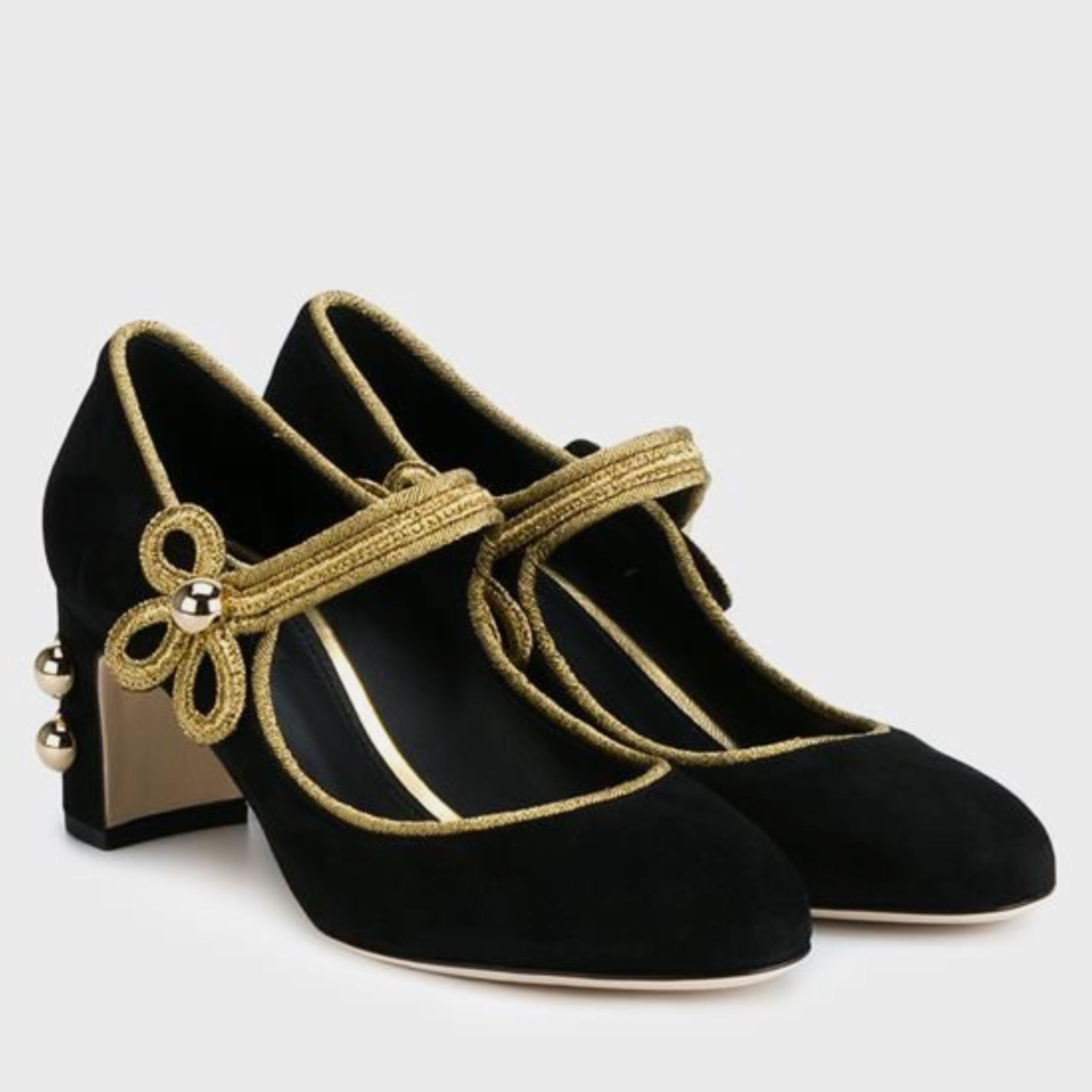 Дамски луксозни обувки на ток от естествен велур в черно и златно Dolce & Gabbana Women’s Black Suede Gold Mary Janes Heels