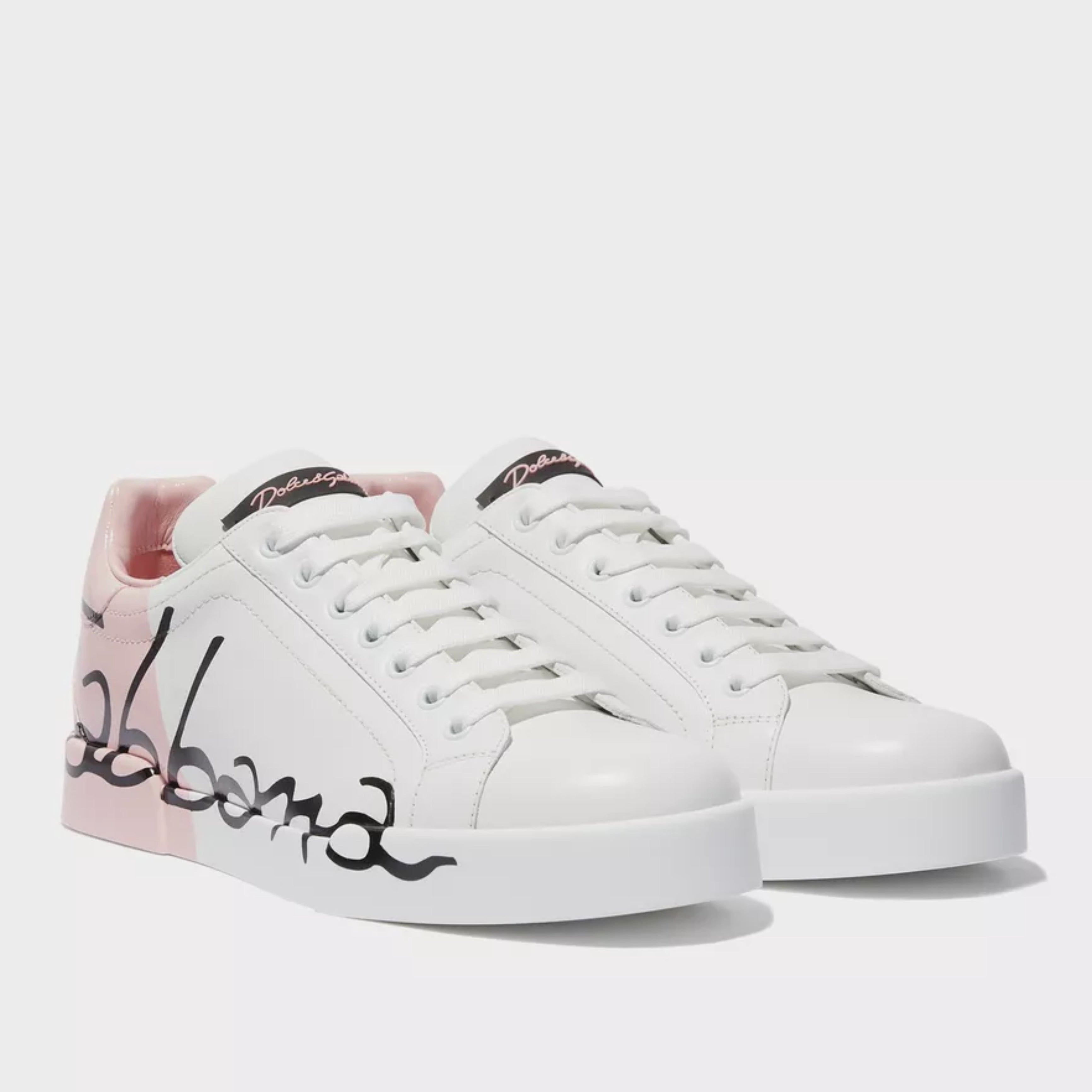 Дамски луксозни кожени кецове в бяло и розово DOLCE & GABBANA Women’s Luxury White/Pink Leather Portofino Sneakers