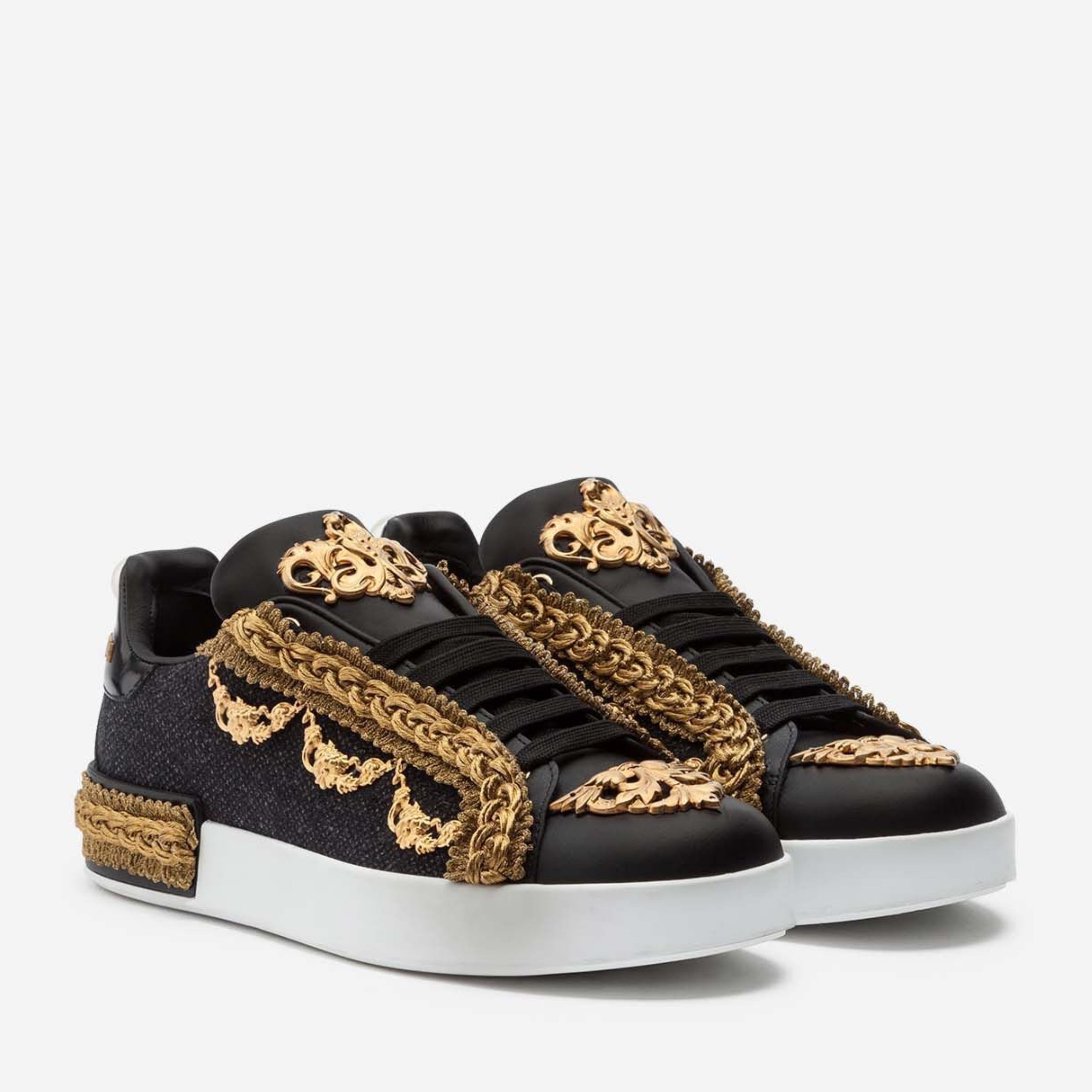 Дамски луксозни кецове Dolce & Gabbana Women’s Portofino Leather Sneakers in Black/Gold