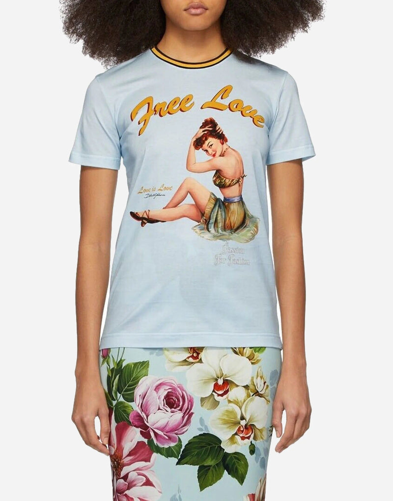 Дамска памучна тениска DOLCE & GABBANA Women’s FREE LOVE Luxury Light Blue Cotton T-shirt