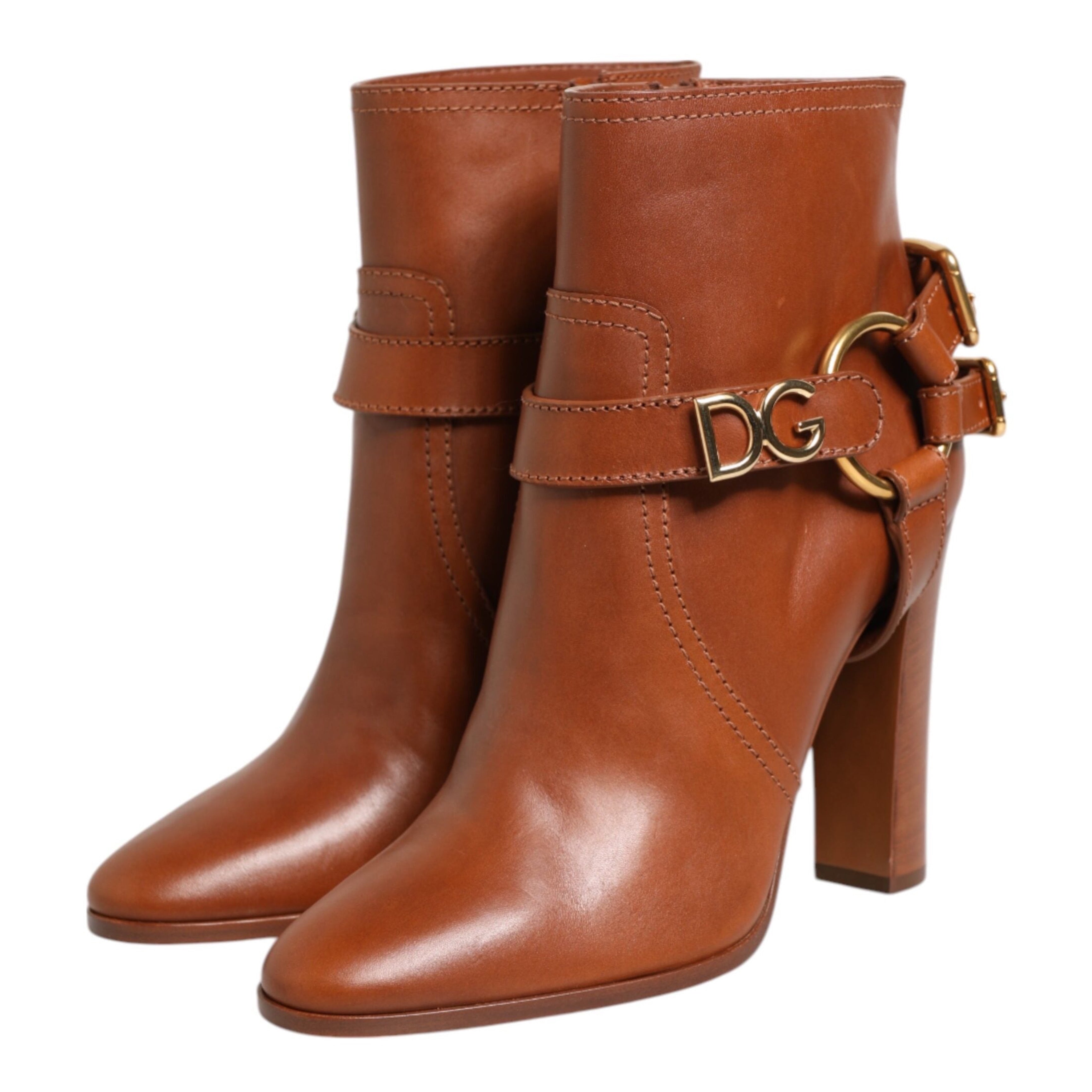 Dolce & Gabbana Brown Leather DG Logo Buckle Ankle Boots Shoes
