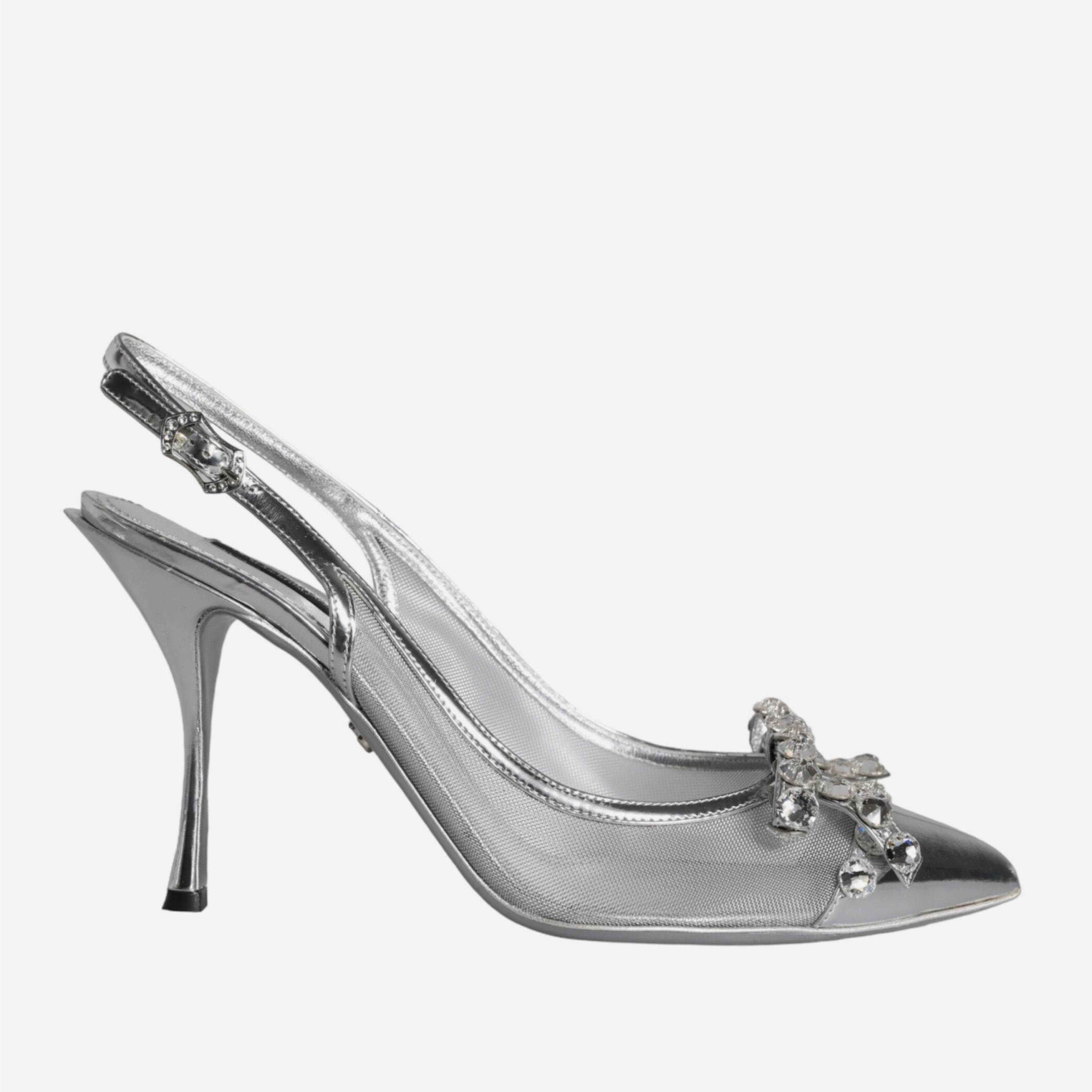 Дамски обувки на висок ток с кристали в сребристо DOLCE & GABBANA Women’s Silver Mesh Crystal Embellished Slingback Heels