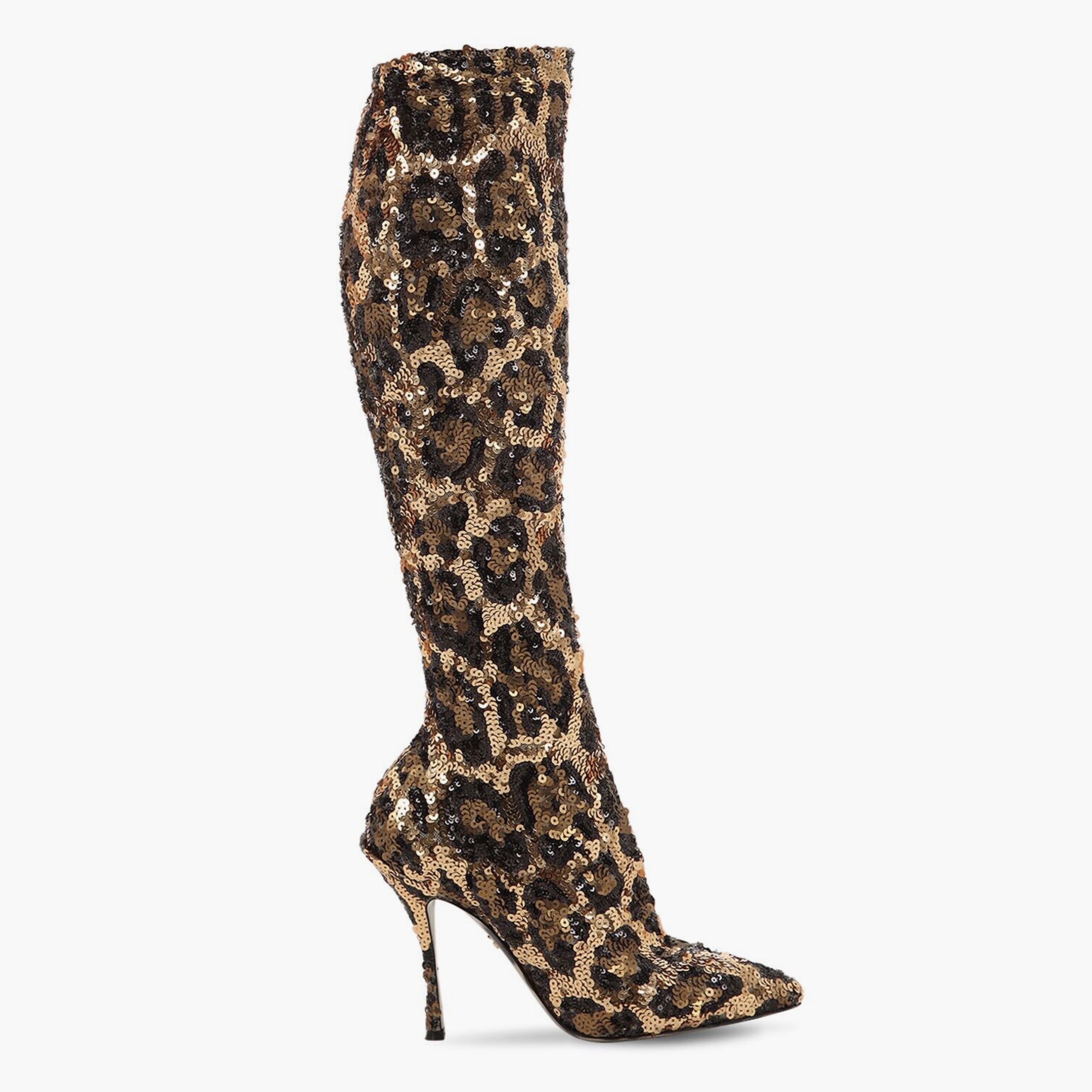 Дамски високи ботуши чизми с пайети в леопардова шарка DOLCE & GABBANA Women’s Leopard Sequin Knee-High Boots